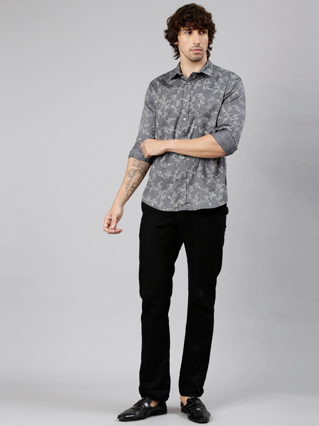 Classic Polo Men's Full Sleeve Dark Grey Polo Neck Slim Fit Printed Cotton Casual Shirt | LSHS1-EL-66 B-FS-PRT-SF