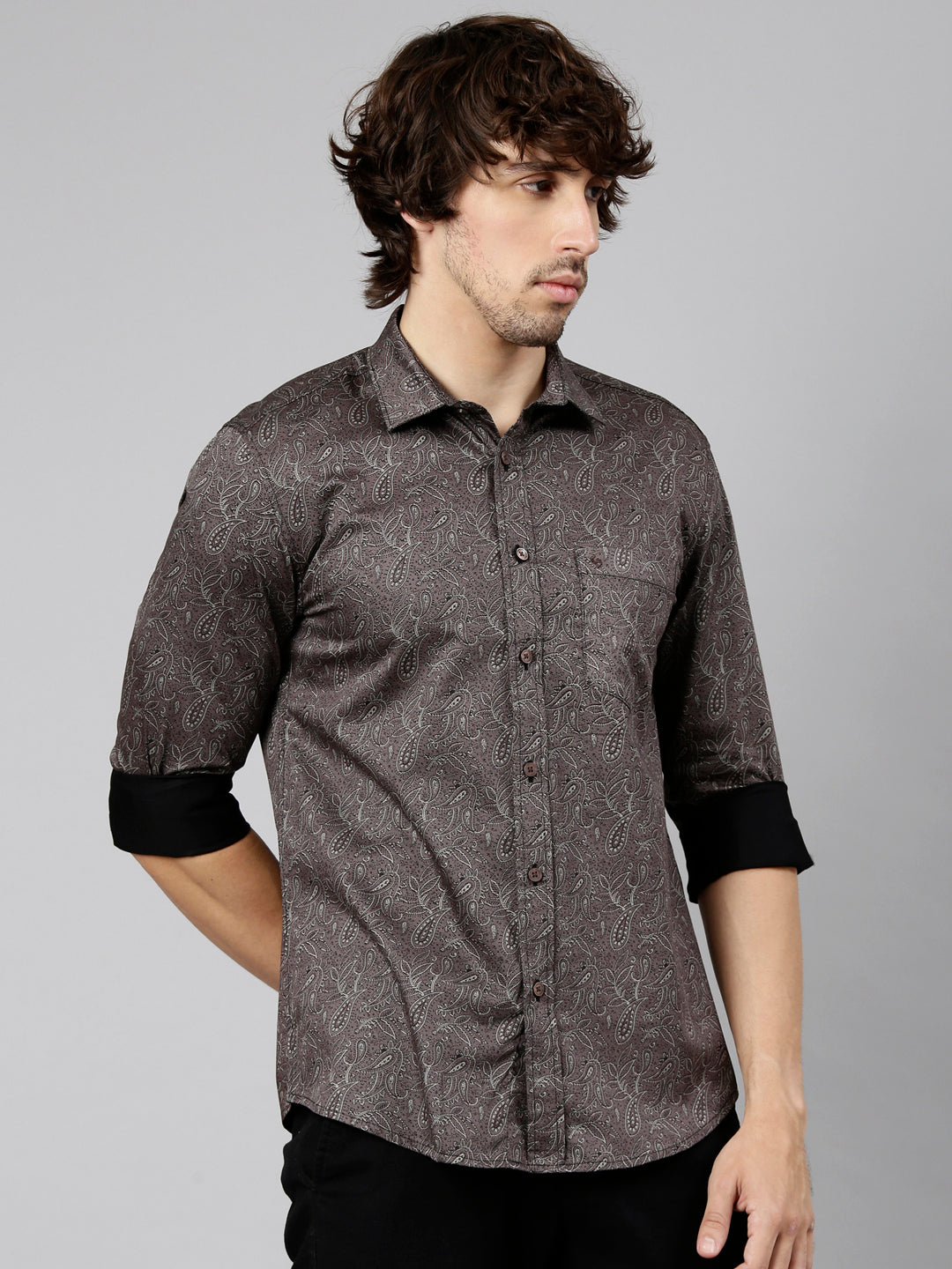 Classic Polo Men's Full Sleeve Dark Brown Polo Neck Slim Fit Printed Cotton Casual Shirt | LSHS1-EL-68 A-FS-PRT-SF
