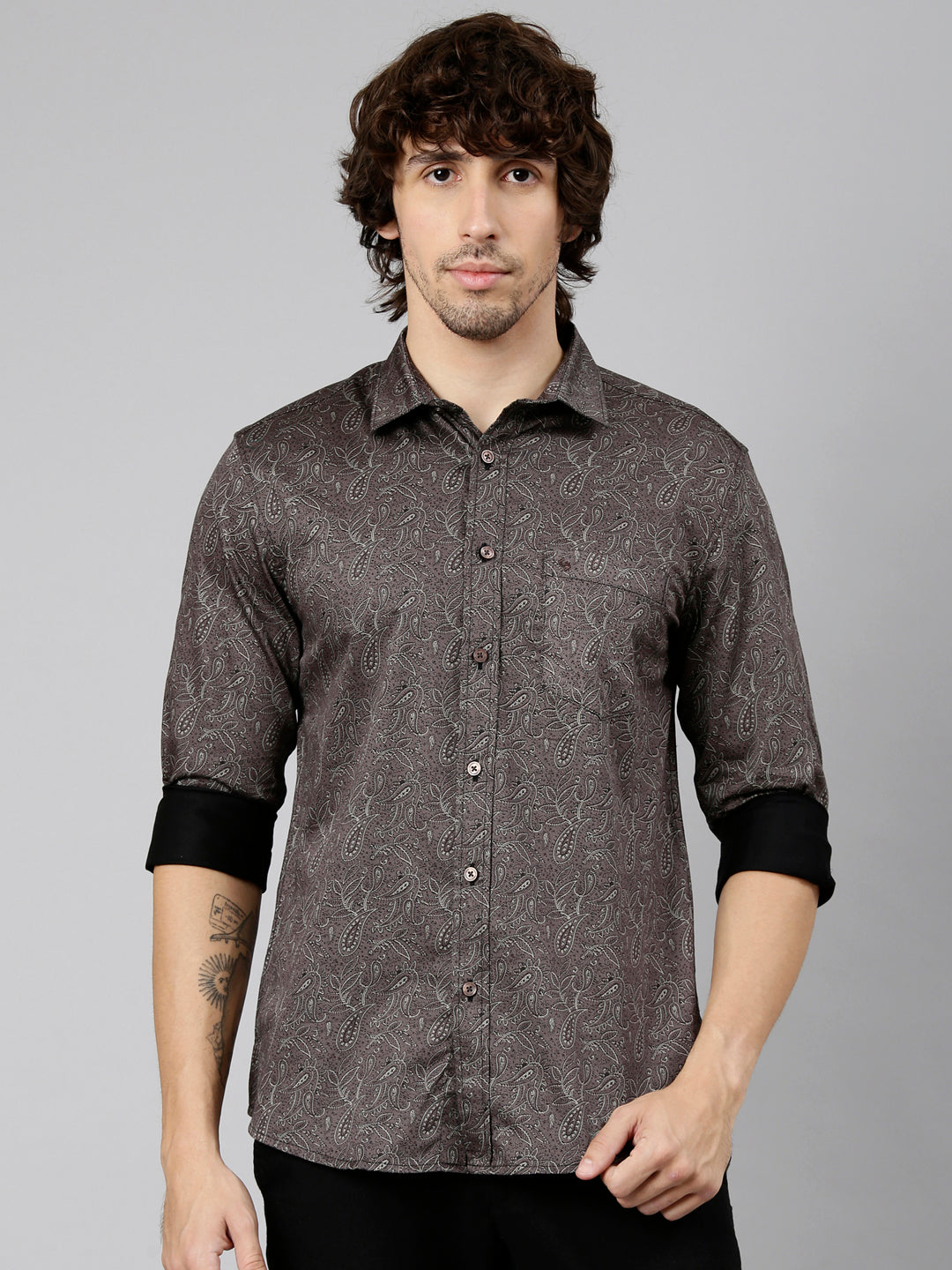 Classic Polo Men's Full Sleeve Dark Brown Polo Neck Slim Fit Printed Cotton Casual Shirt | LSHS1-EL-68 A-FS-PRT-SF