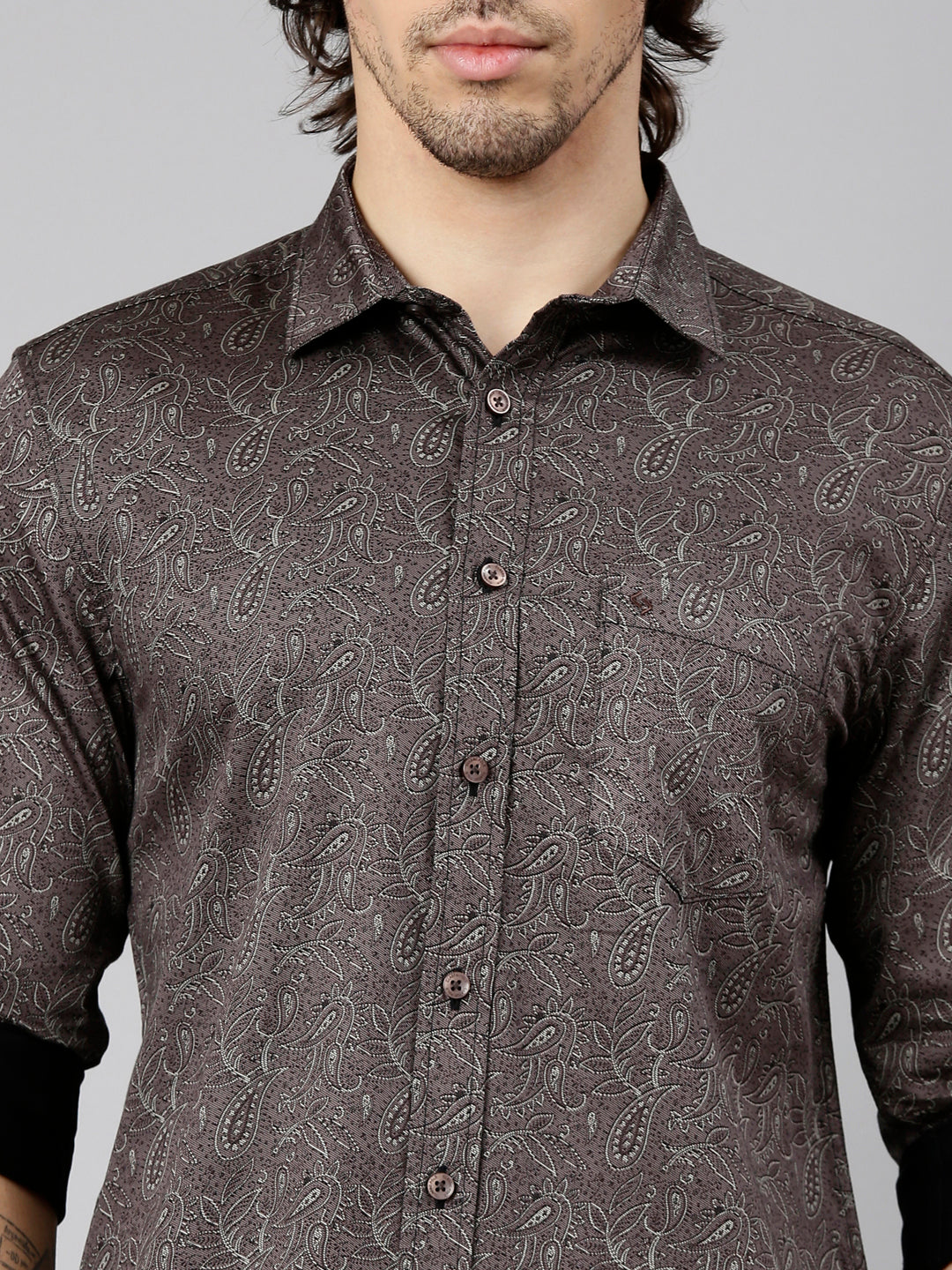 Classic Polo Men's Full Sleeve Dark Brown Polo Neck Slim Fit Printed Cotton Casual Shirt | LSHS1-EL-68 A-FS-PRT-SF