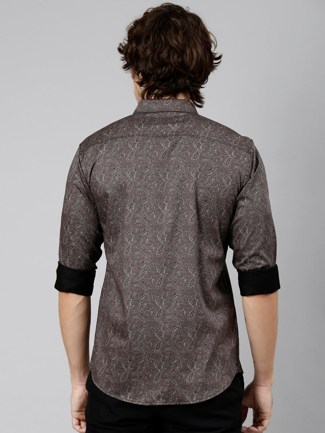 Classic Polo Men's Full Sleeve Dark Brown Polo Neck Slim Fit Printed Cotton Casual Shirt | LSHS1-EL-68 A-FS-PRT-SF