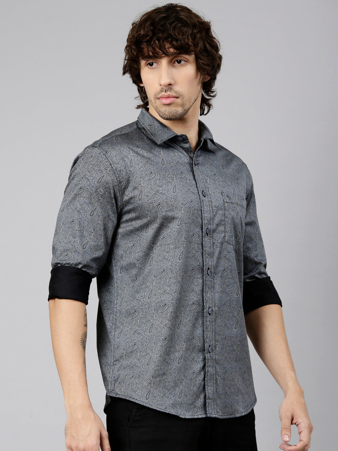 Classic Polo Men's Full Sleeve Dark Grey Polo Neck Slim Fit Printed Cotton Casual Shirt | LSHS1-EL-68 B-FS-PRT-SF