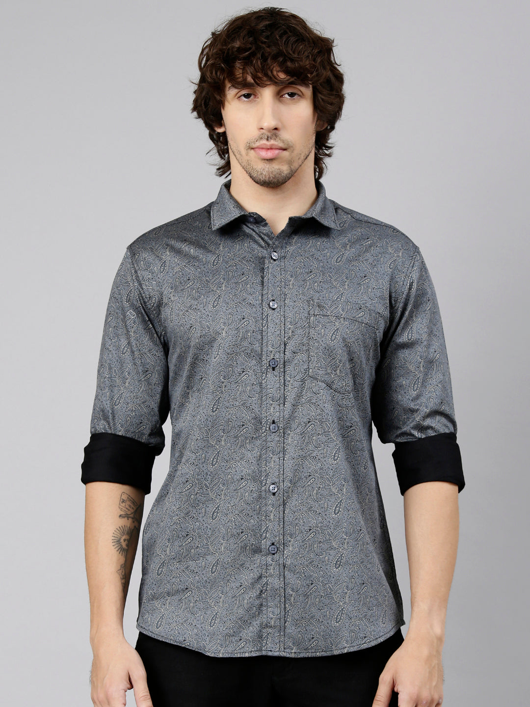 Classic Polo Men's Full Sleeve Dark Grey Polo Neck Slim Fit Printed Cotton Casual Shirt | LSHS1-EL-68 B-FS-PRT-SF