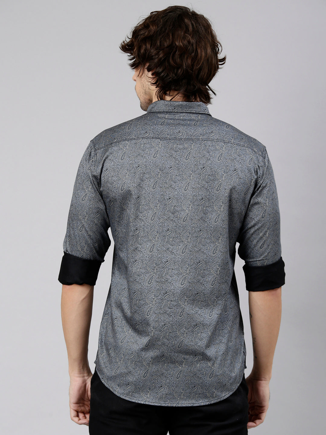 Classic Polo Men's Full Sleeve Dark Grey Polo Neck Slim Fit Printed Cotton Casual Shirt | LSHS1-EL-68 B-FS-PRT-SF