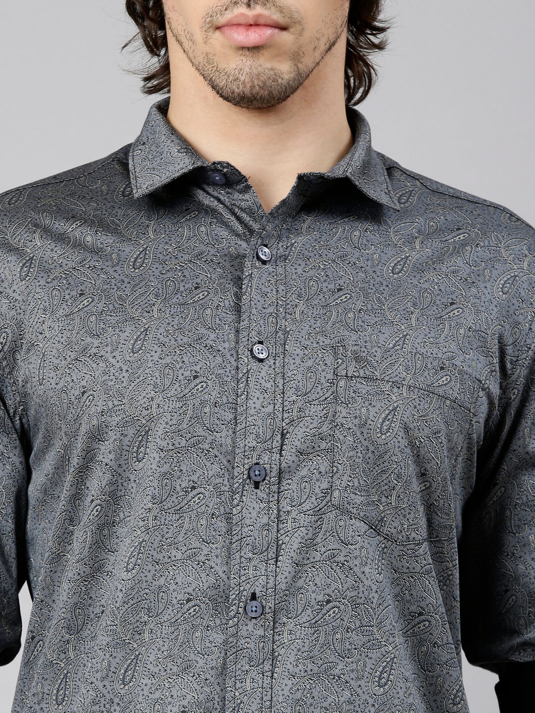 Classic Polo Men's Full Sleeve Dark Grey Polo Neck Slim Fit Printed Cotton Casual Shirt | LSHS1-EL-68 B-FS-PRT-SF