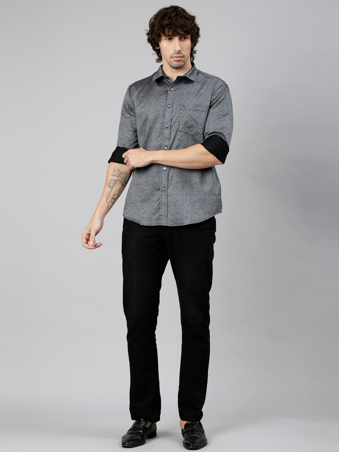 Classic Polo Men's Full Sleeve Dark Grey Polo Neck Slim Fit Printed Cotton Casual Shirt | LSHS1-EL-68 B-FS-PRT-SF
