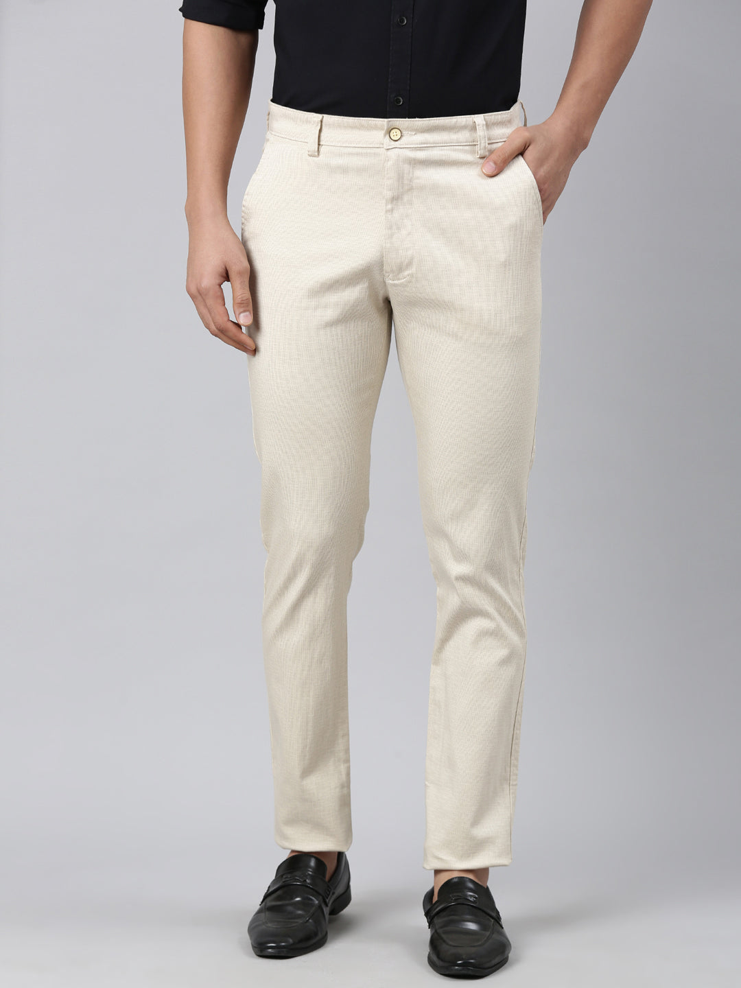 Classic Polo Men's Light Beige Moderate Fit Solid Cotton Lycra Casual Trouser | LTRS1-CL-01 A-BEI-MF-LY