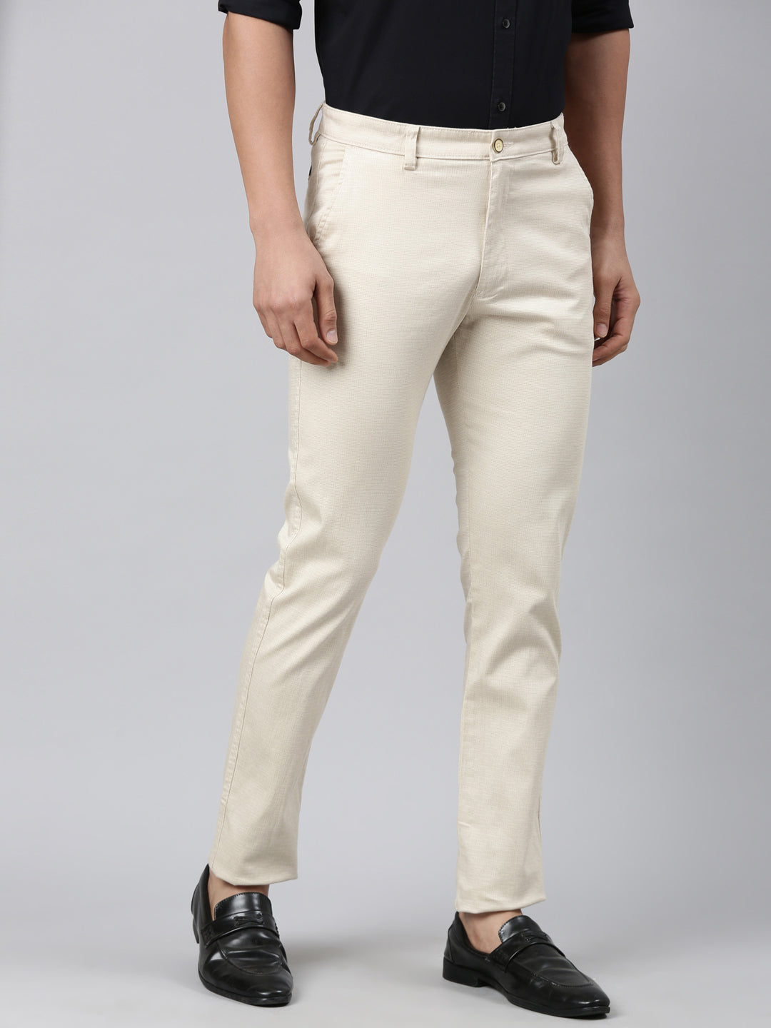 Classic Polo Men's Light Beige Moderate Fit Solid Cotton Lycra Casual Trouser | LTRS1-CL-01 A-BEI-MF-LY