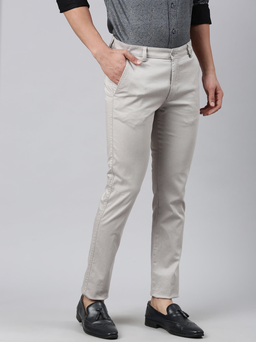 Classic Polo Men's Light Grey Moderate Fit Solid Cotton Lycra Casual Trouser | LTRS1-CL-01 B-LT.GRY-MF-LY