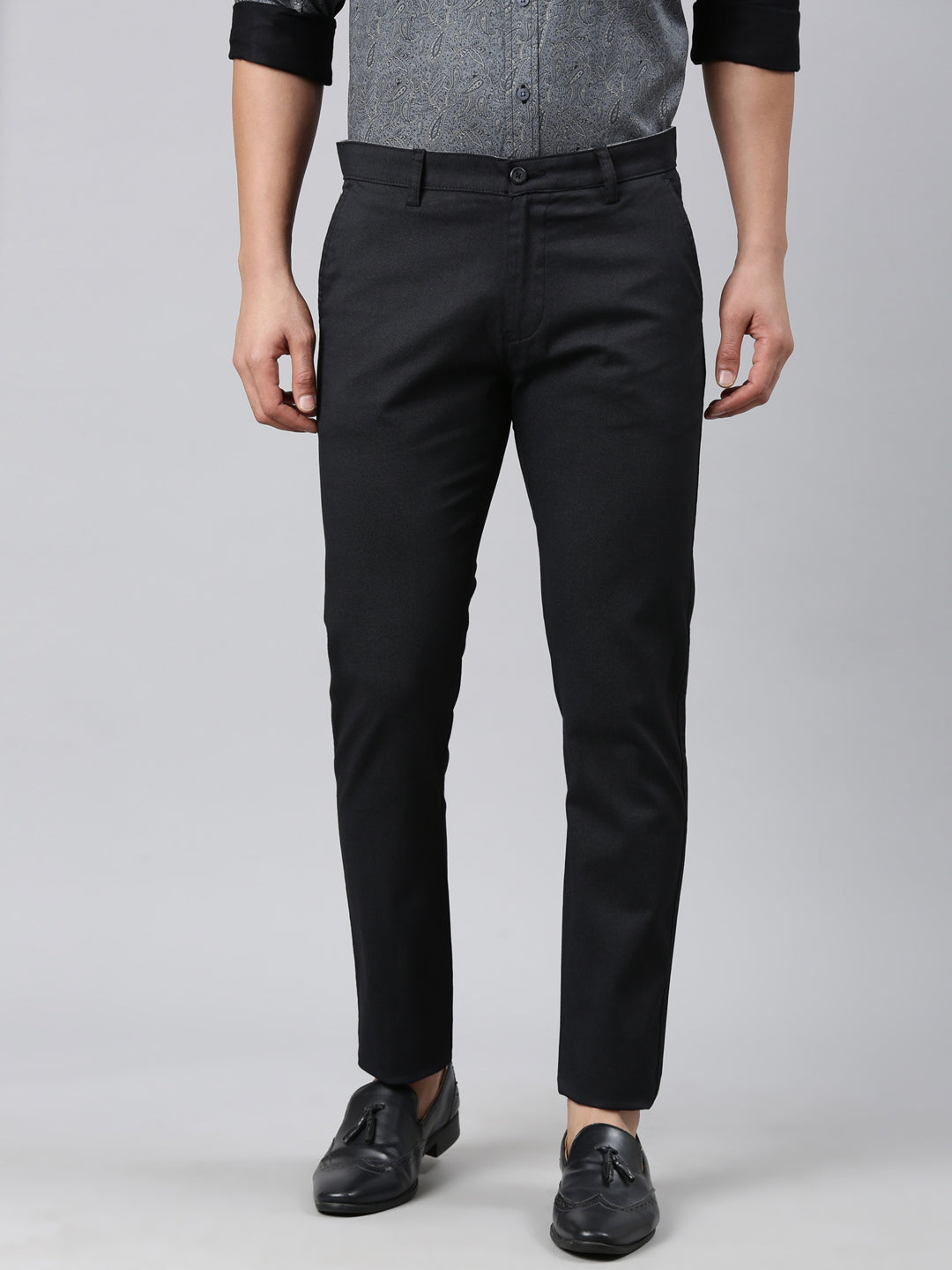 Classic Polo Men's Black Moderate Fit Solid Cotton Lycra Casual Trouser | LTRS1-CL-02 D-BLK-MF-LY