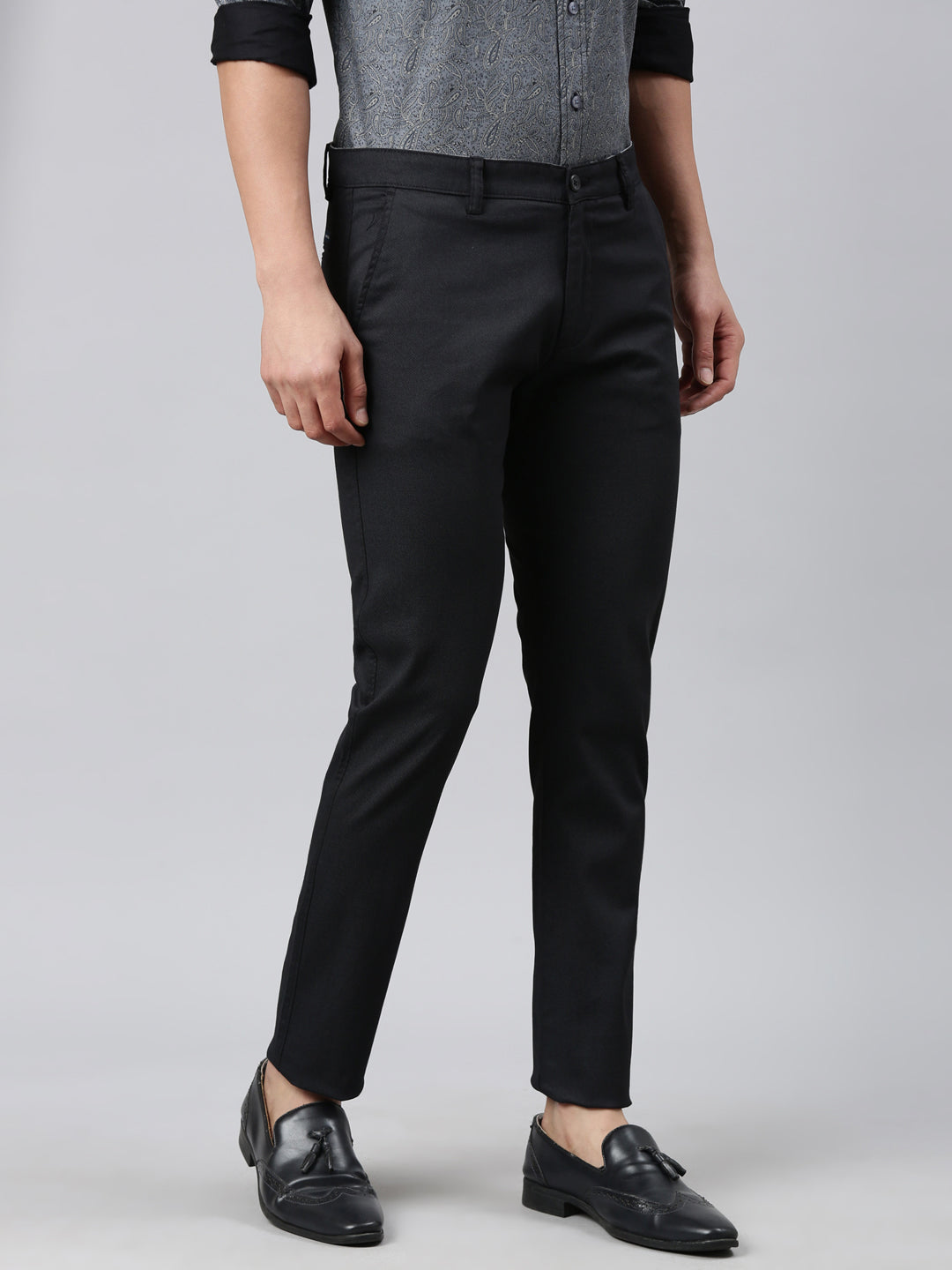 Classic Polo Men's Black Moderate Fit Solid Cotton Lycra Casual Trouser | LTRS1-CL-02 D-BLK-MF-LY