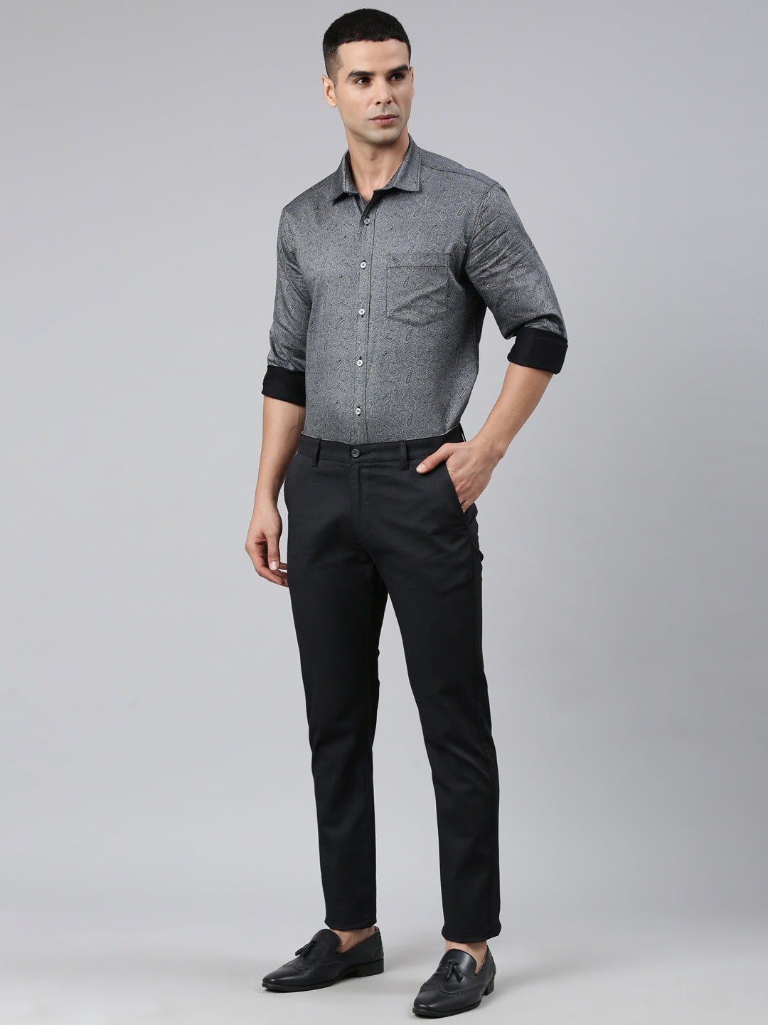 Classic Polo Men's Black Moderate Fit Solid Cotton Lycra Casual Trouser | LTRS1-CL-02 D-BLK-MF-LY