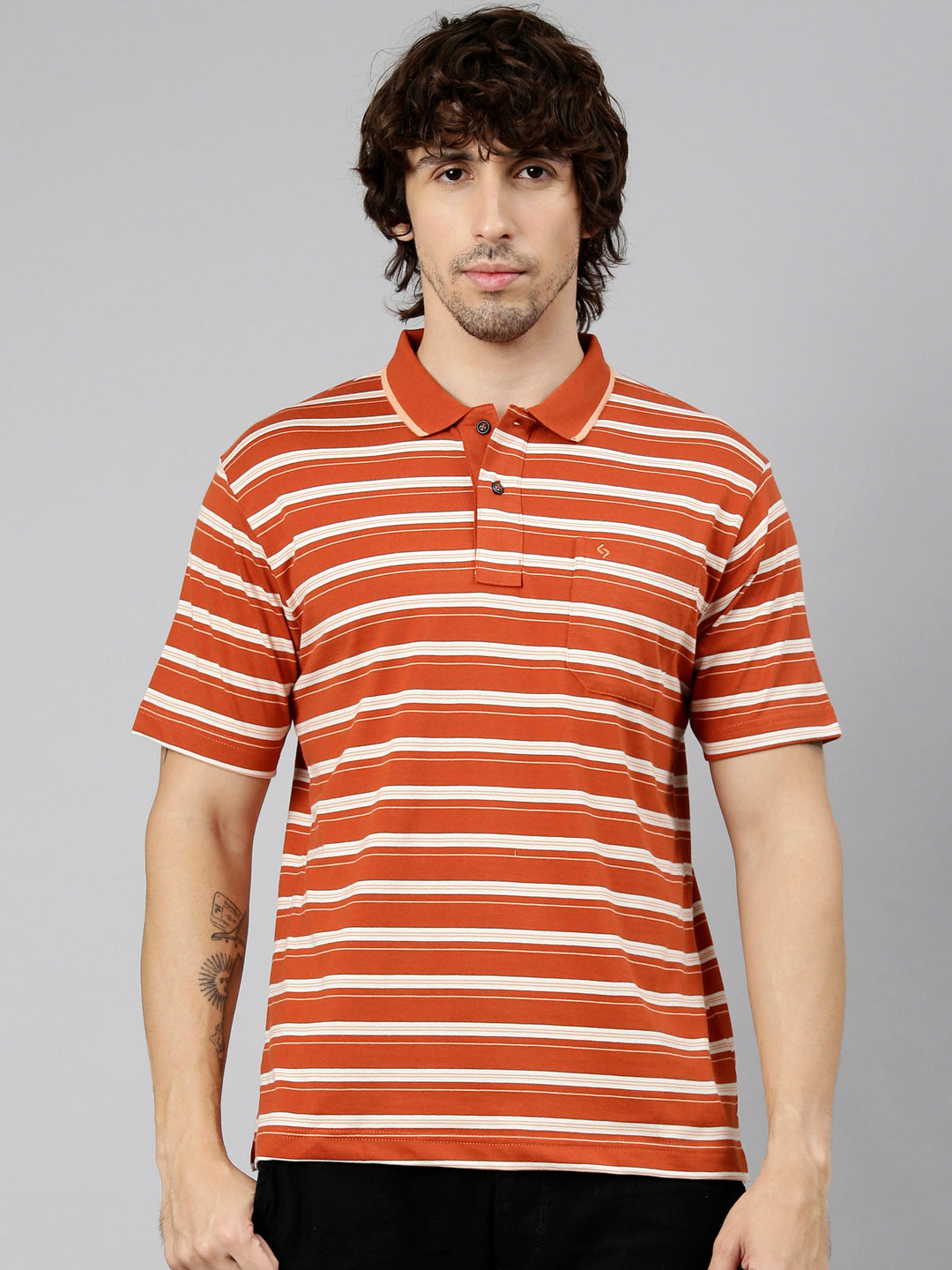 Classic Polo Men's Half Sleeve Orange Polo Neck Authentic Fit Striped Cotton Blend T-Shirt | LTS-STR - 113 A AF P