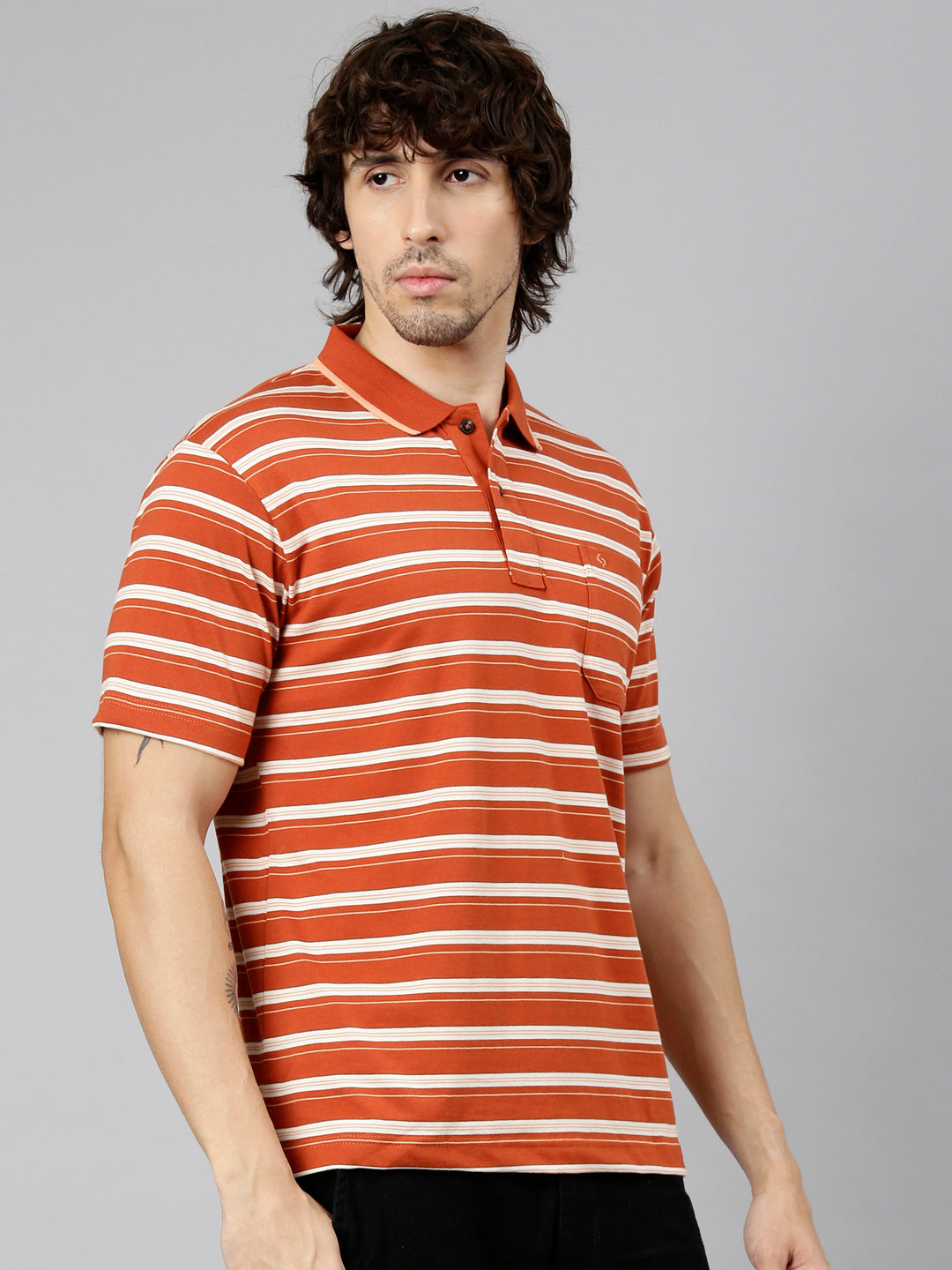 Classic Polo Men's Half Sleeve Orange Polo Neck Authentic Fit Striped Cotton Blend T-Shirt | LTS-STR - 113 A AF P