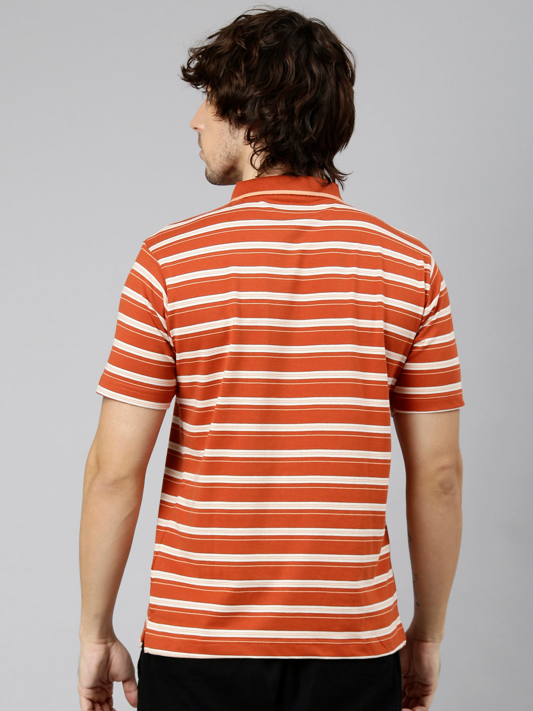 Classic Polo Men's Half Sleeve Orange Polo Neck Authentic Fit Striped Cotton Blend T-Shirt | LTS-STR - 113 A AF P