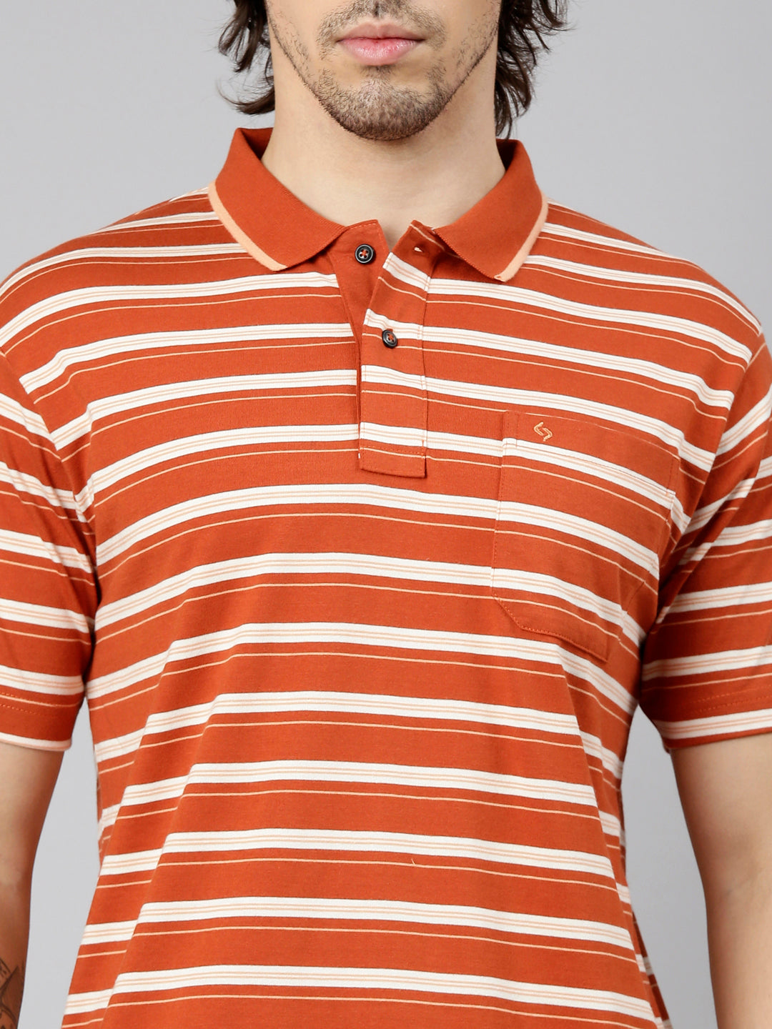 Classic Polo Men's Half Sleeve Orange Polo Neck Authentic Fit Striped Cotton Blend T-Shirt | LTS-STR - 113 A AF P