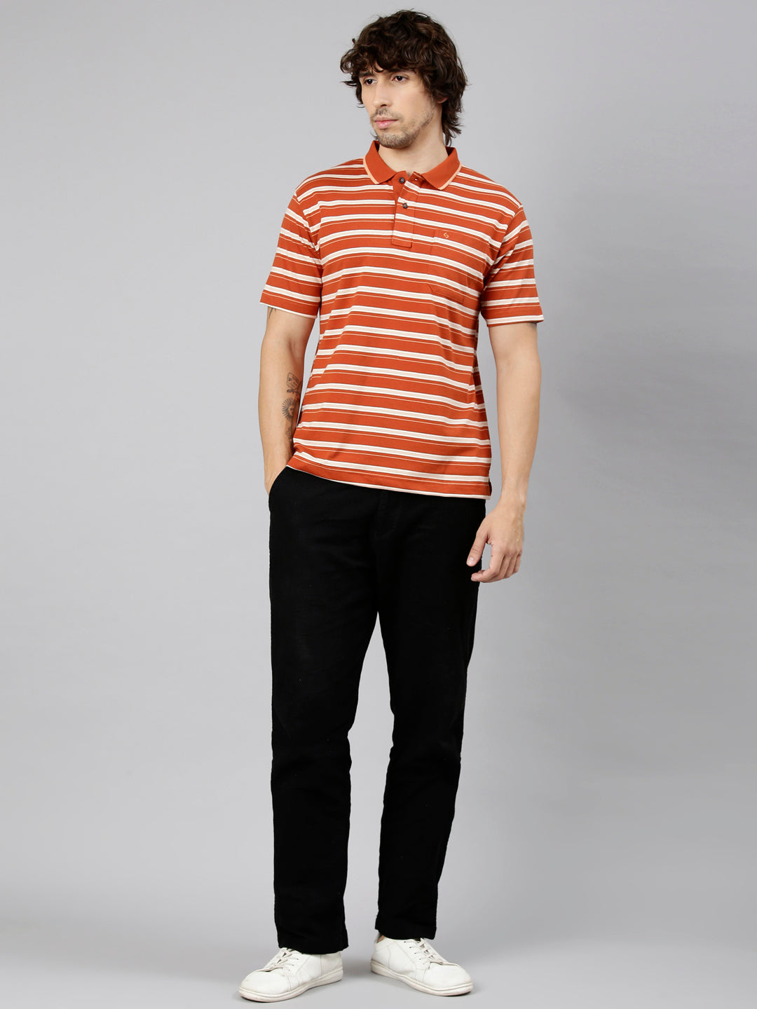 Classic Polo Men's Half Sleeve Orange Polo Neck Authentic Fit Striped Cotton Blend T-Shirt | LTS-STR - 113 A AF P