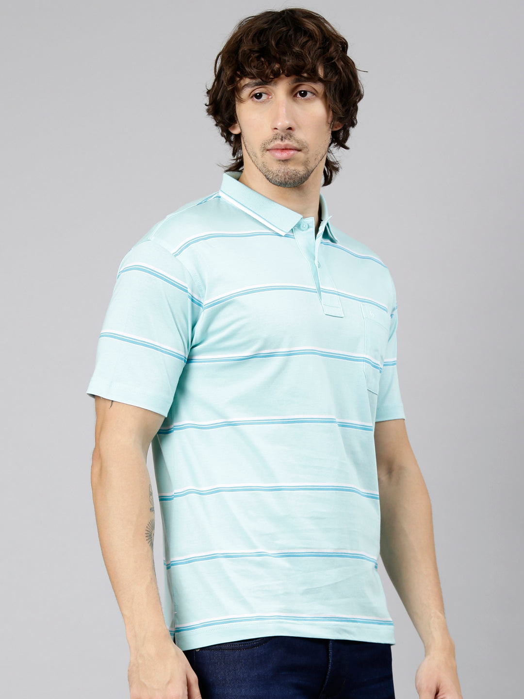 Classic Polo Men's Half Sleeve Light Turquoise Polo Neck Authentic Fit Striped Cotton Blend T-Shirt | LTS-STR - 142 A AF P