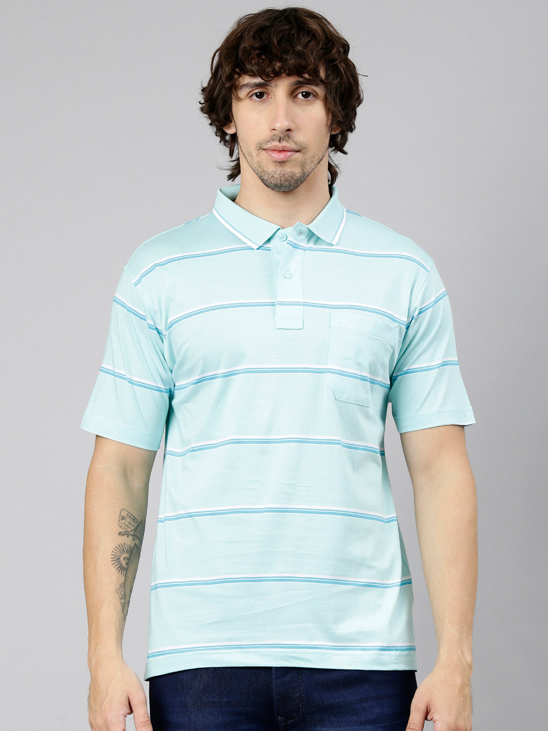 Classic Polo Men's Half Sleeve Light Turquoise Polo Neck Authentic Fit Striped Cotton Blend T-Shirt | LTS-STR - 142 A AF P