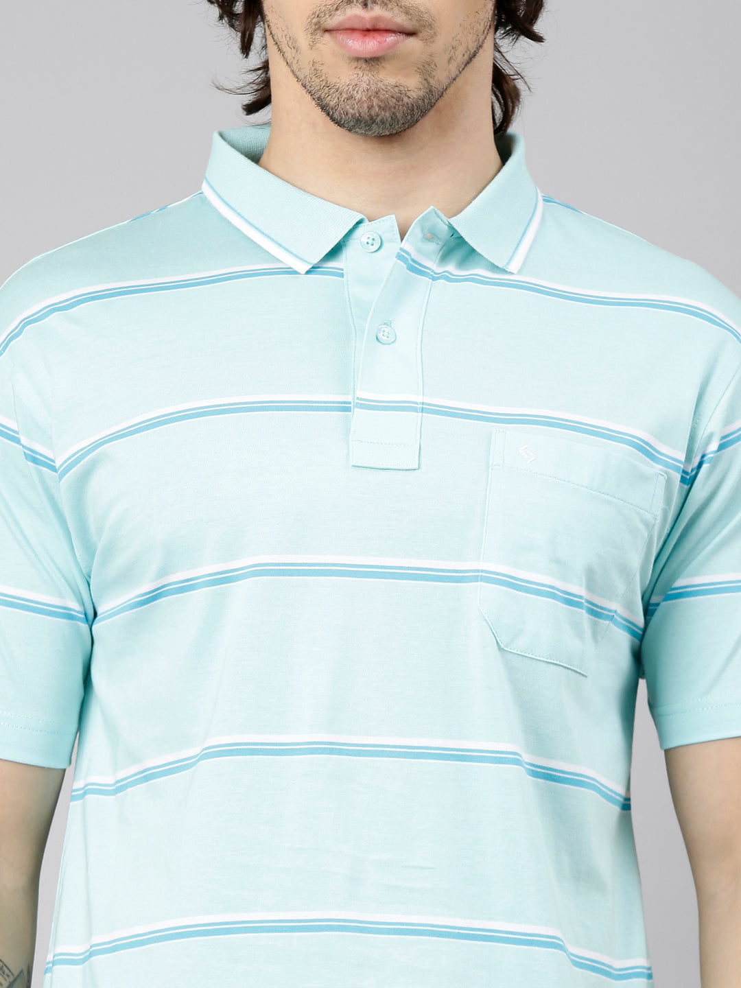 Classic Polo Men's Half Sleeve Light Turquoise Polo Neck Authentic Fit Striped Cotton Blend T-Shirt | LTS-STR - 142 A AF P
