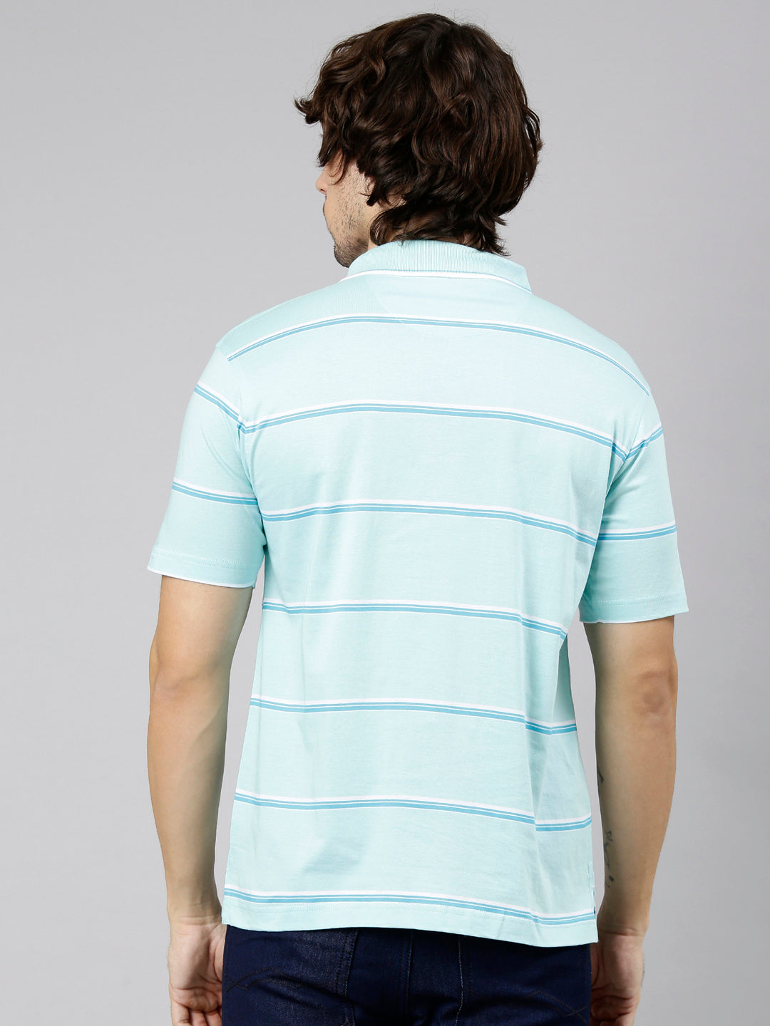 Classic Polo Men's Half Sleeve Light Turquoise Polo Neck Authentic Fit Striped Cotton Blend T-Shirt | LTS-STR - 142 A AF P