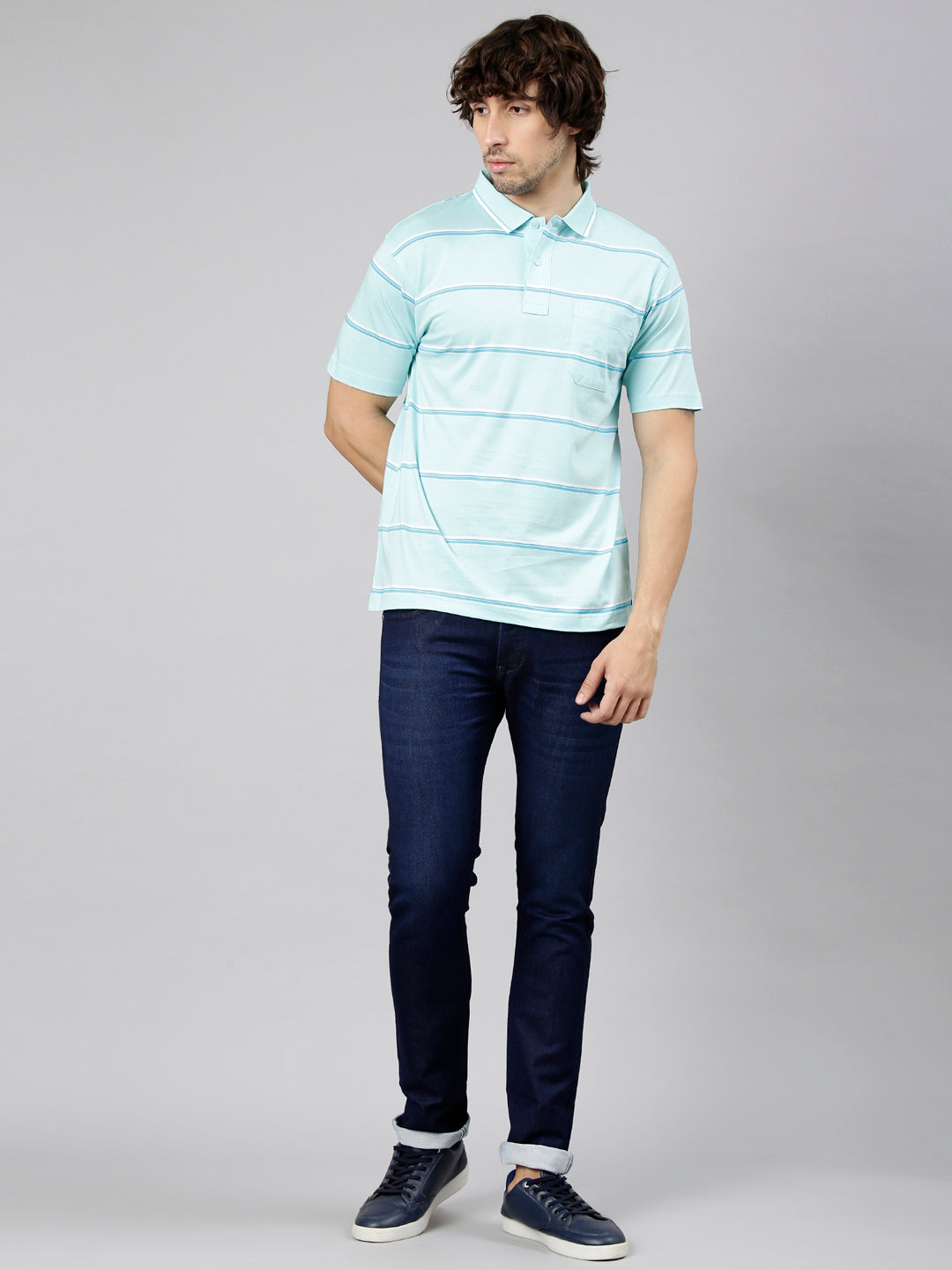 Classic Polo Men's Half Sleeve Light Turquoise Polo Neck Authentic Fit Striped Cotton Blend T-Shirt | LTS-STR - 142 A AF P