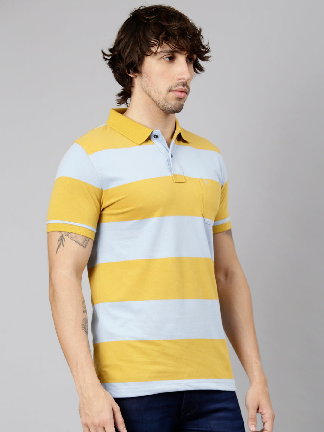 Classic Polo Men's Half Sleeve Yellow Polo Neck Slim Fit Striped Cotton Blend T-Shirt | LTS-STR - 149 A SF P