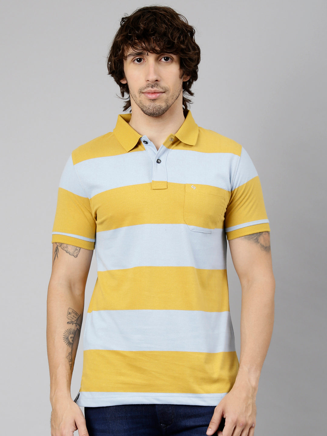 Classic Polo Men's Half Sleeve Yellow Polo Neck Slim Fit Striped Cotton Blend T-Shirt | LTS-STR - 149 A SF P