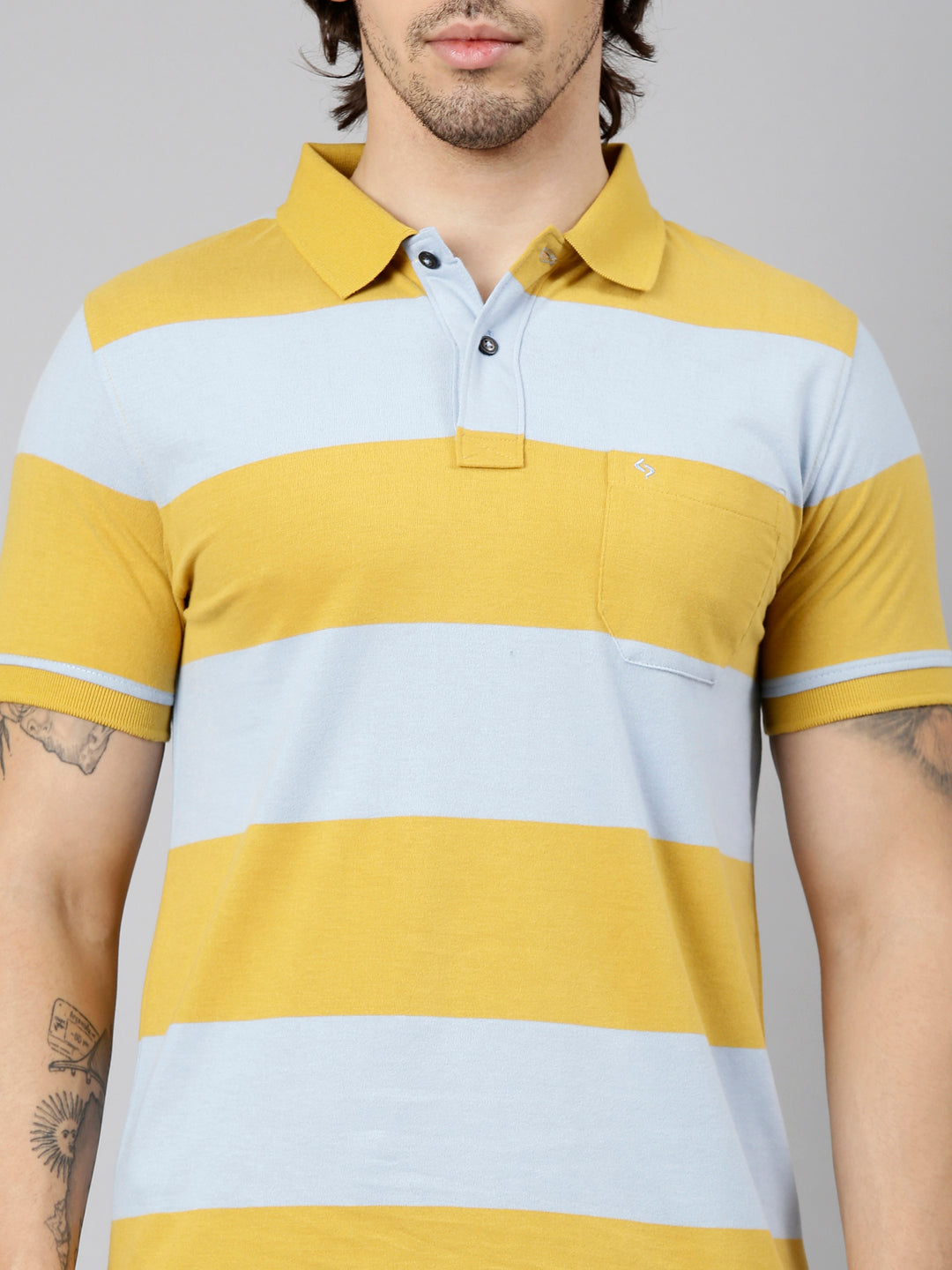 Classic Polo Men's Half Sleeve Yellow Polo Neck Slim Fit Striped Cotton Blend T-Shirt | LTS-STR - 149 A SF P