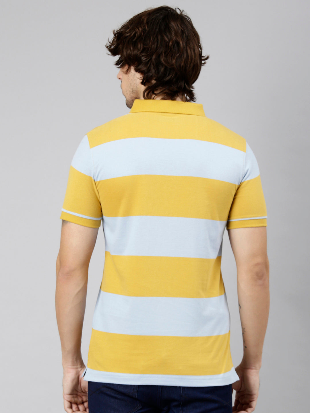 Classic Polo Men's Half Sleeve Yellow Polo Neck Slim Fit Striped Cotton Blend T-Shirt | LTS-STR - 149 A SF P