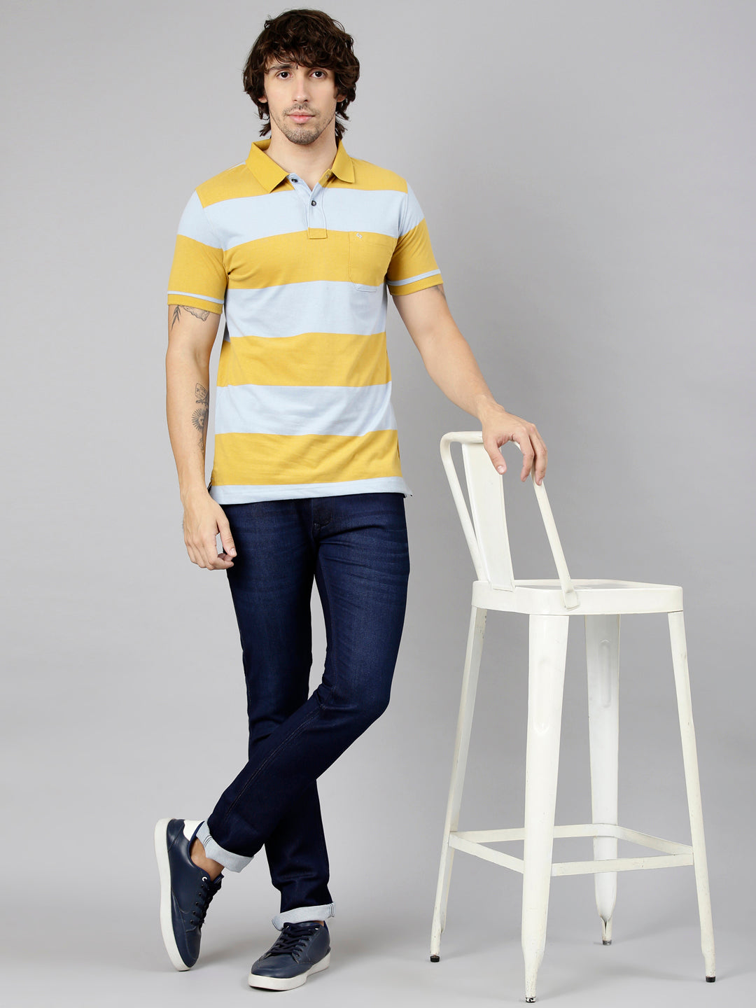 Classic Polo Men's Half Sleeve Yellow Polo Neck Slim Fit Striped Cotton Blend T-Shirt | LTS-STR - 149 A SF P