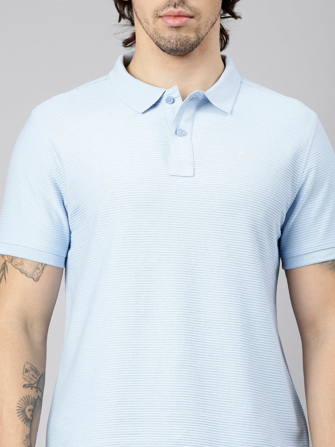 Classic Polo Men's Half Sleeve Light Blue Polo Neck Slim Fit Textured Solid Cotton T-Shirt | NOBLE - 03 A SF P