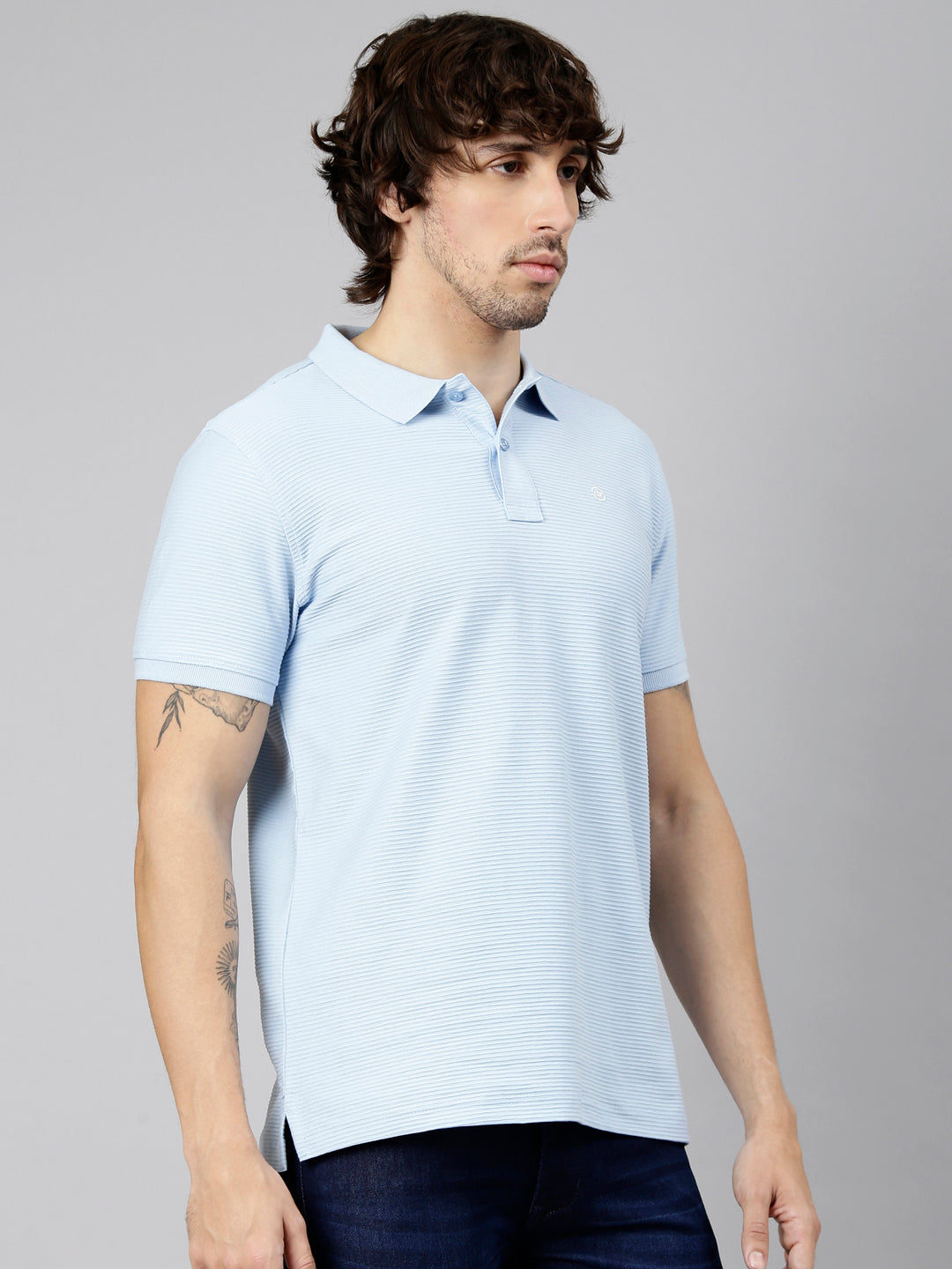 Classic Polo Men's Half Sleeve Light Blue Polo Neck Slim Fit Textured Solid Cotton T-Shirt | NOBLE - 03 A SF P
