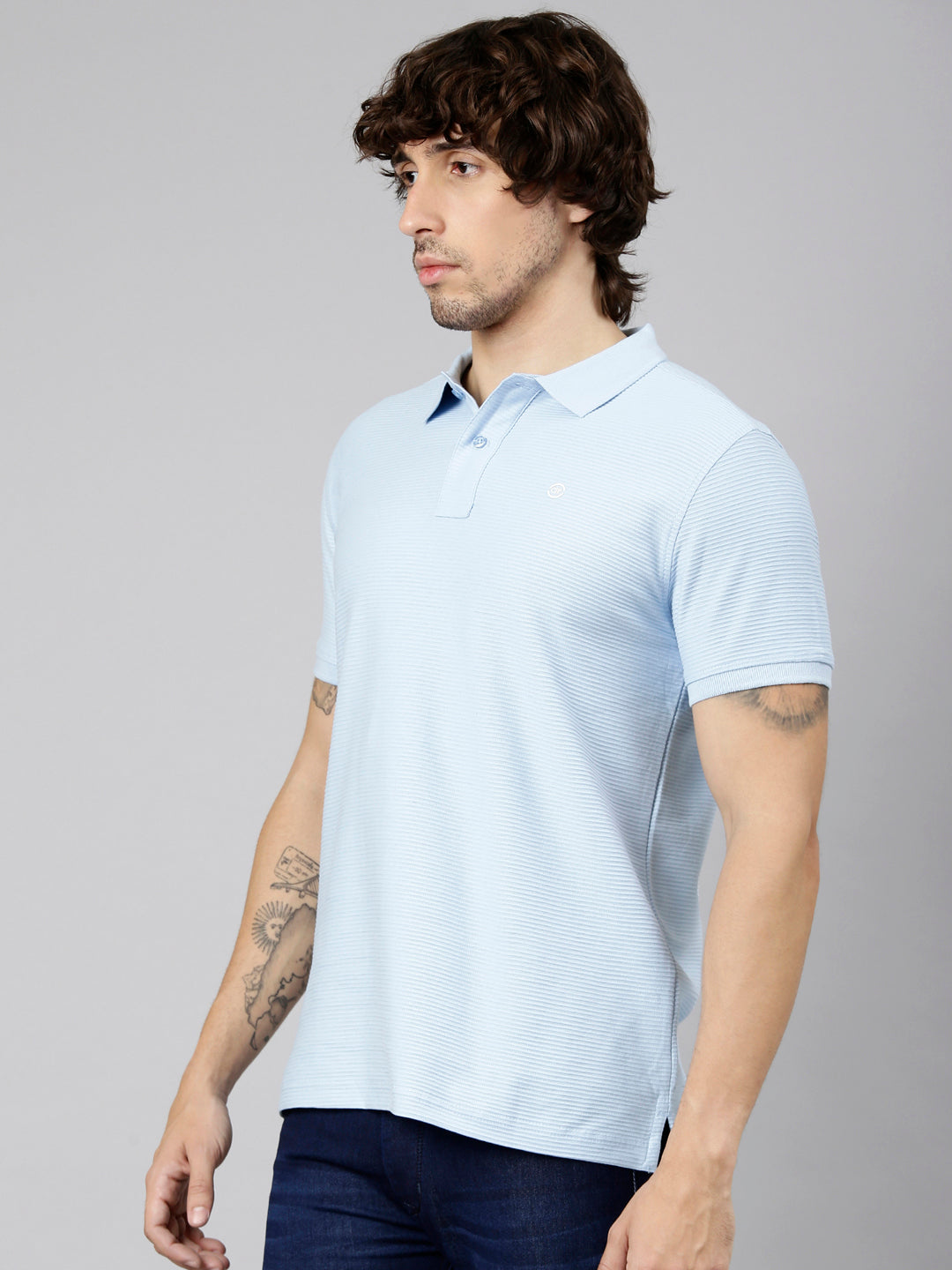Classic Polo Men's Half Sleeve Light Blue Polo Neck Slim Fit Textured Solid Cotton T-Shirt | NOBLE - 03 A SF P