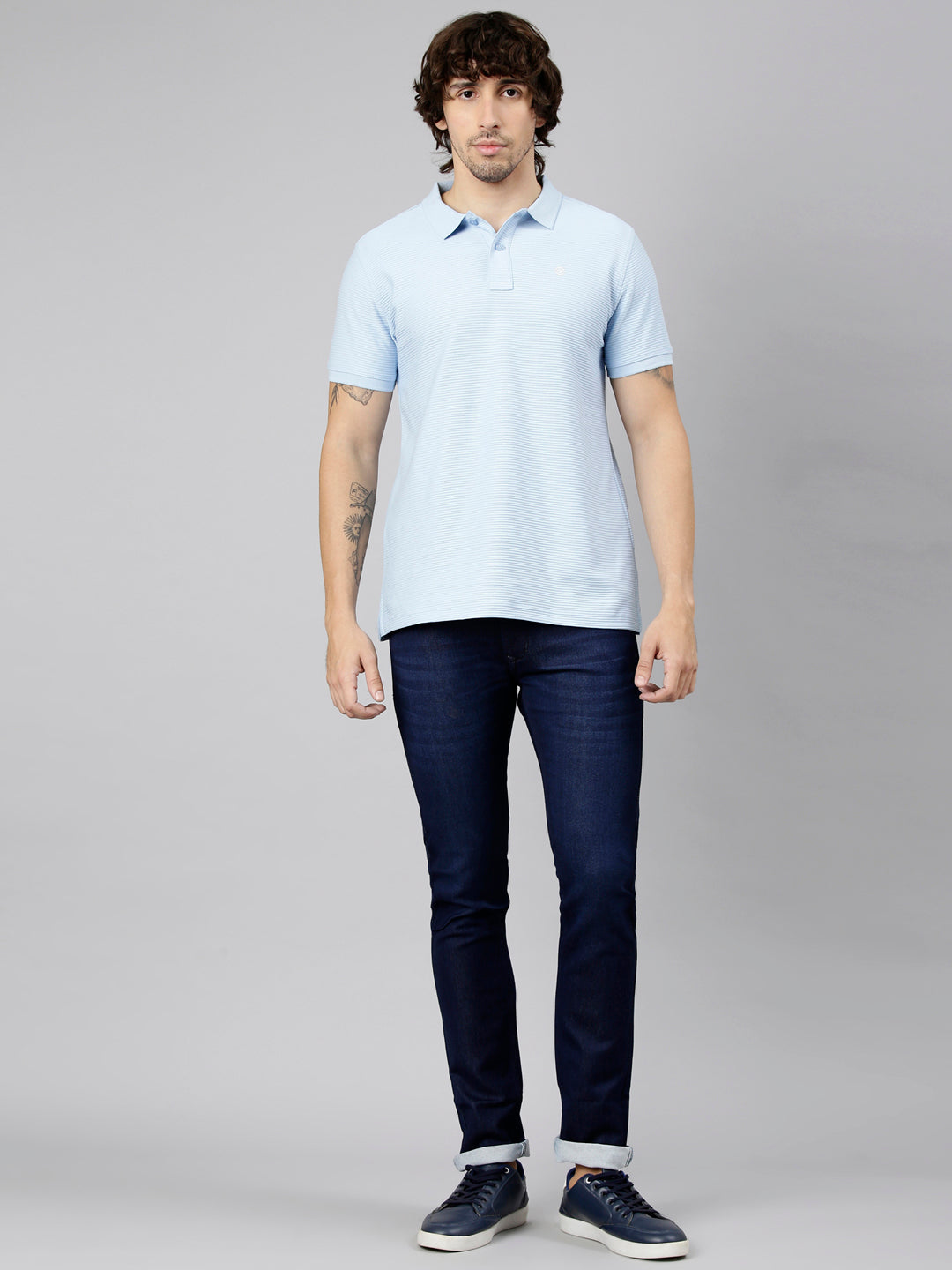 Classic Polo Men's Half Sleeve Light Blue Polo Neck Slim Fit Textured Solid Cotton T-Shirt | NOBLE - 03 A SF P