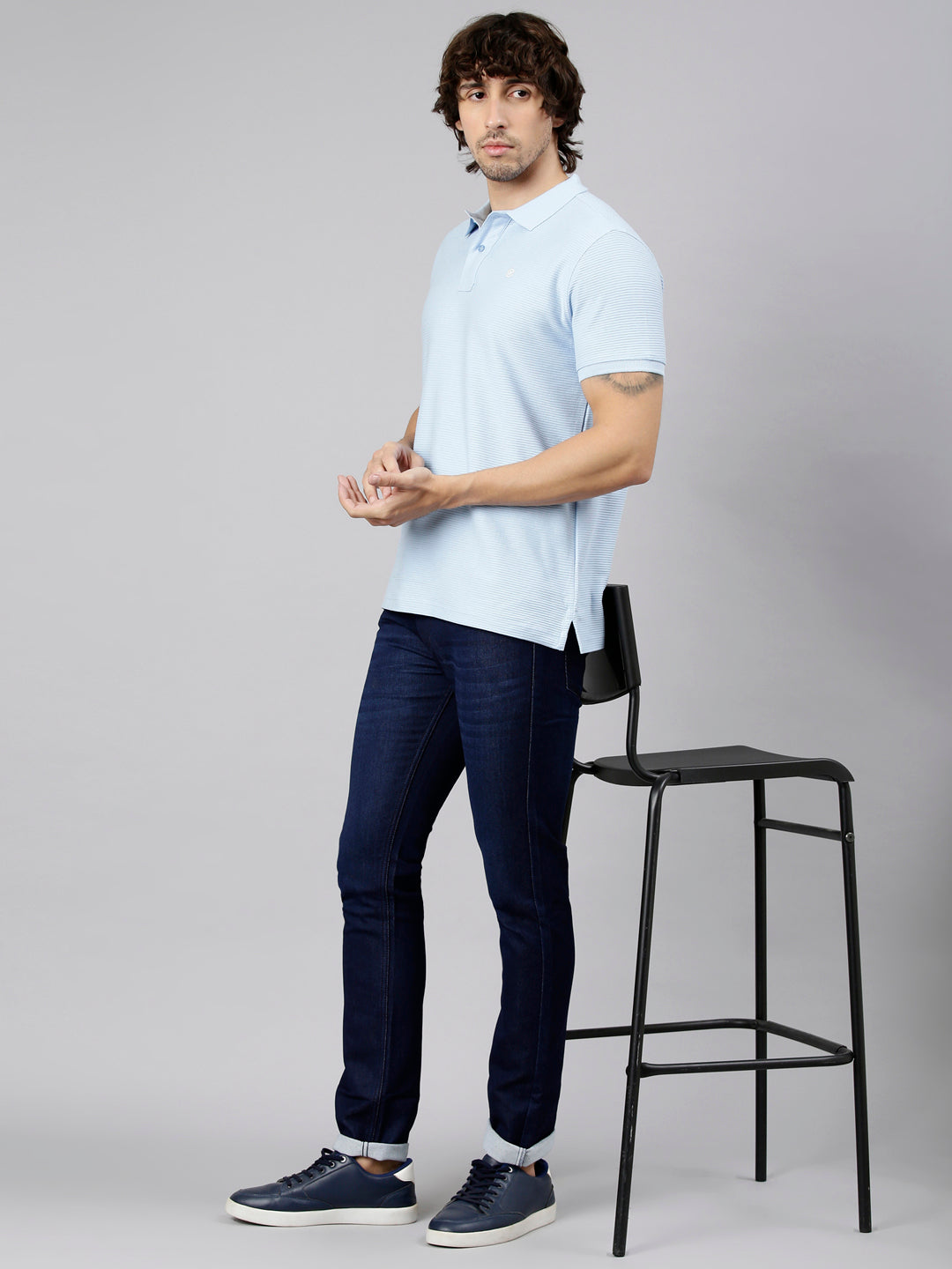 Classic Polo Men's Half Sleeve Light Blue Polo Neck Slim Fit Textured Solid Cotton T-Shirt | NOBLE - 03 A SF P