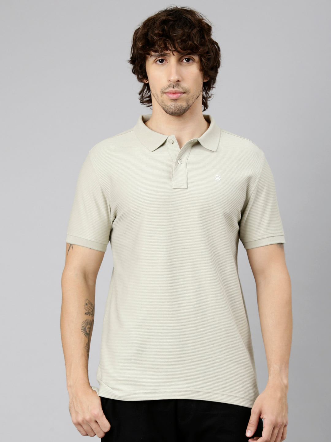 Classic Polo Men's Half Sleeve Light Olive Polo Neck Slim Fit Textured Solid Cotton T-Shirt | NOBLE - 03 B SF P