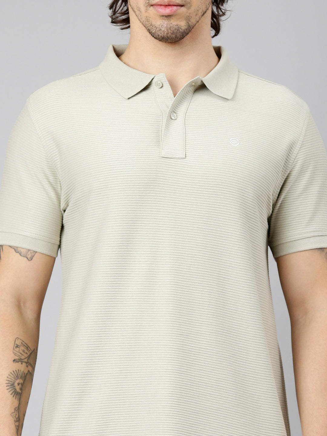 Classic Polo Men's Half Sleeve Light Olive Polo Neck Slim Fit Textured Solid Cotton T-Shirt | NOBLE - 03 B SF P