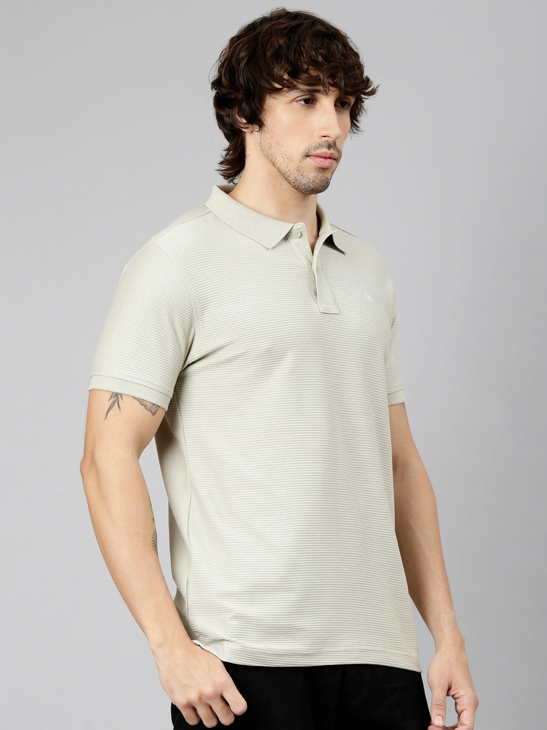 Classic Polo Men's Half Sleeve Light Olive Polo Neck Slim Fit Textured Solid Cotton T-Shirt | NOBLE - 03 B SF P