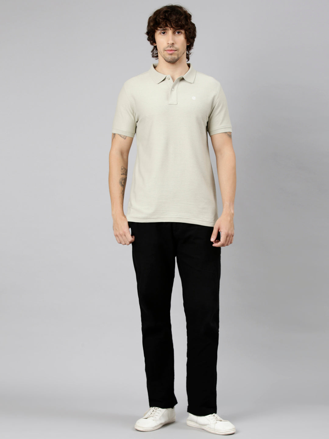Classic Polo Men's Half Sleeve Light Olive Polo Neck Slim Fit Textured Solid Cotton T-Shirt | NOBLE - 03 B SF P