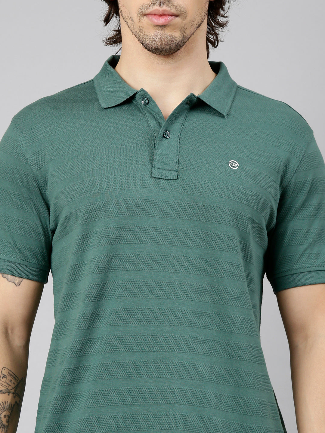 Classic Polo Men's Half Sleeve Dark Green Polo Neck Slim Fit Textured Solid Cotton T-Shirt | NOBLE - 07 B SF P