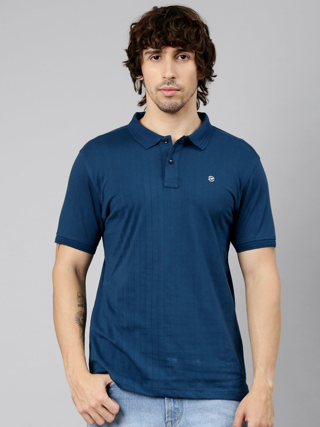 Classic Polo Men's Half Sleeve Navy Blue Polo Neck Slim Fit Textured Solid Cotton T-Shirt | NOBLE - 08 B SF P