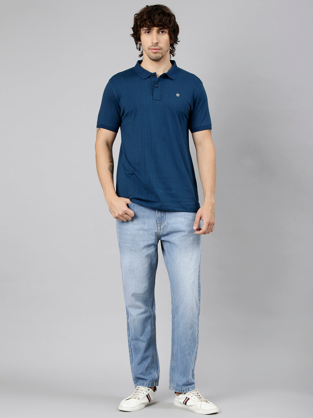 Classic Polo Men's Half Sleeve Navy Blue Polo Neck Slim Fit Textured Solid Cotton T-Shirt | NOBLE - 08 B SF P