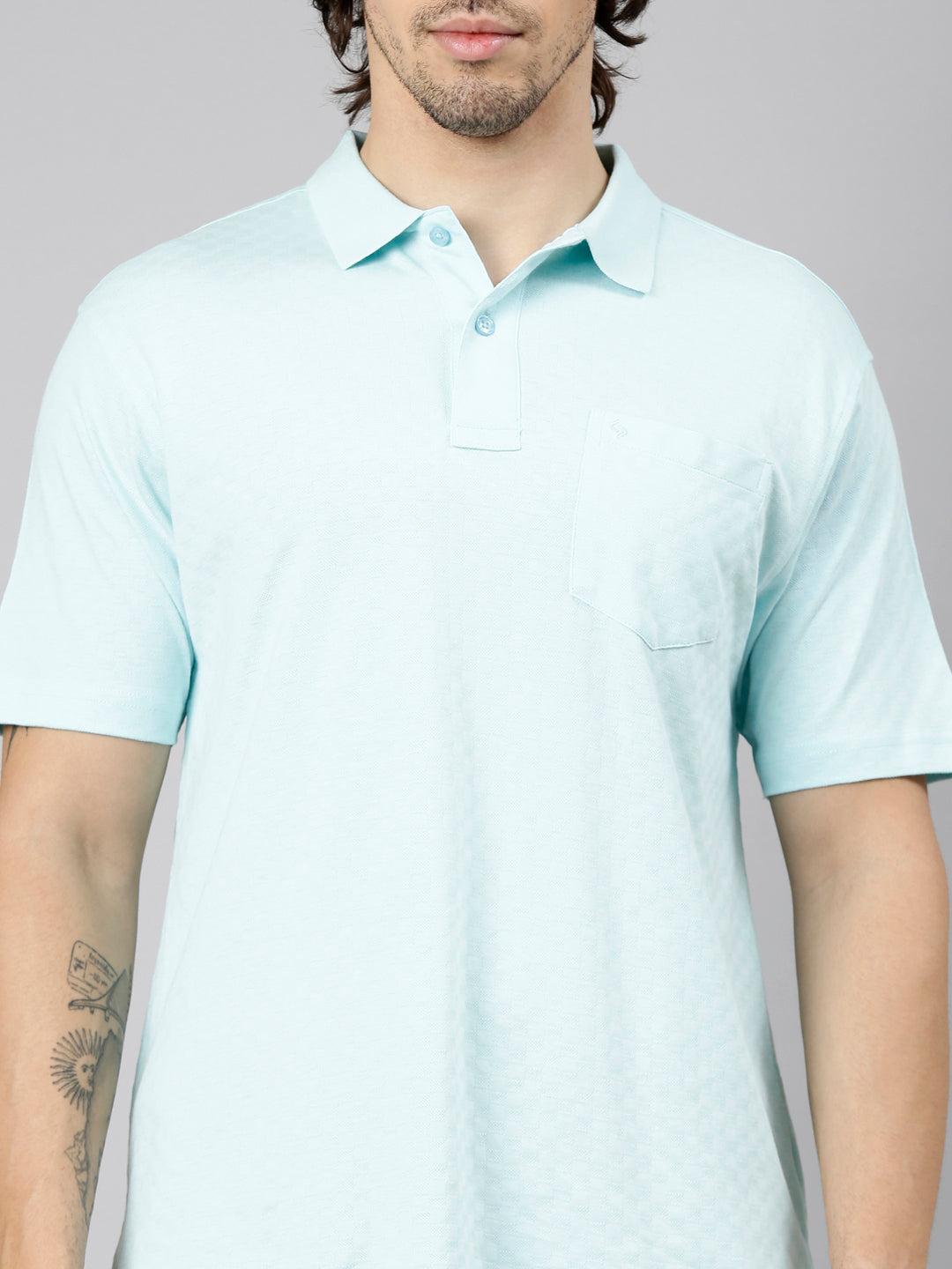 Classic Polo Men's Half Sleeve Light Blue Polo Neck Authentic Fit Textured Solid Cotton T-Shirt | REGAL - 01 A AF P