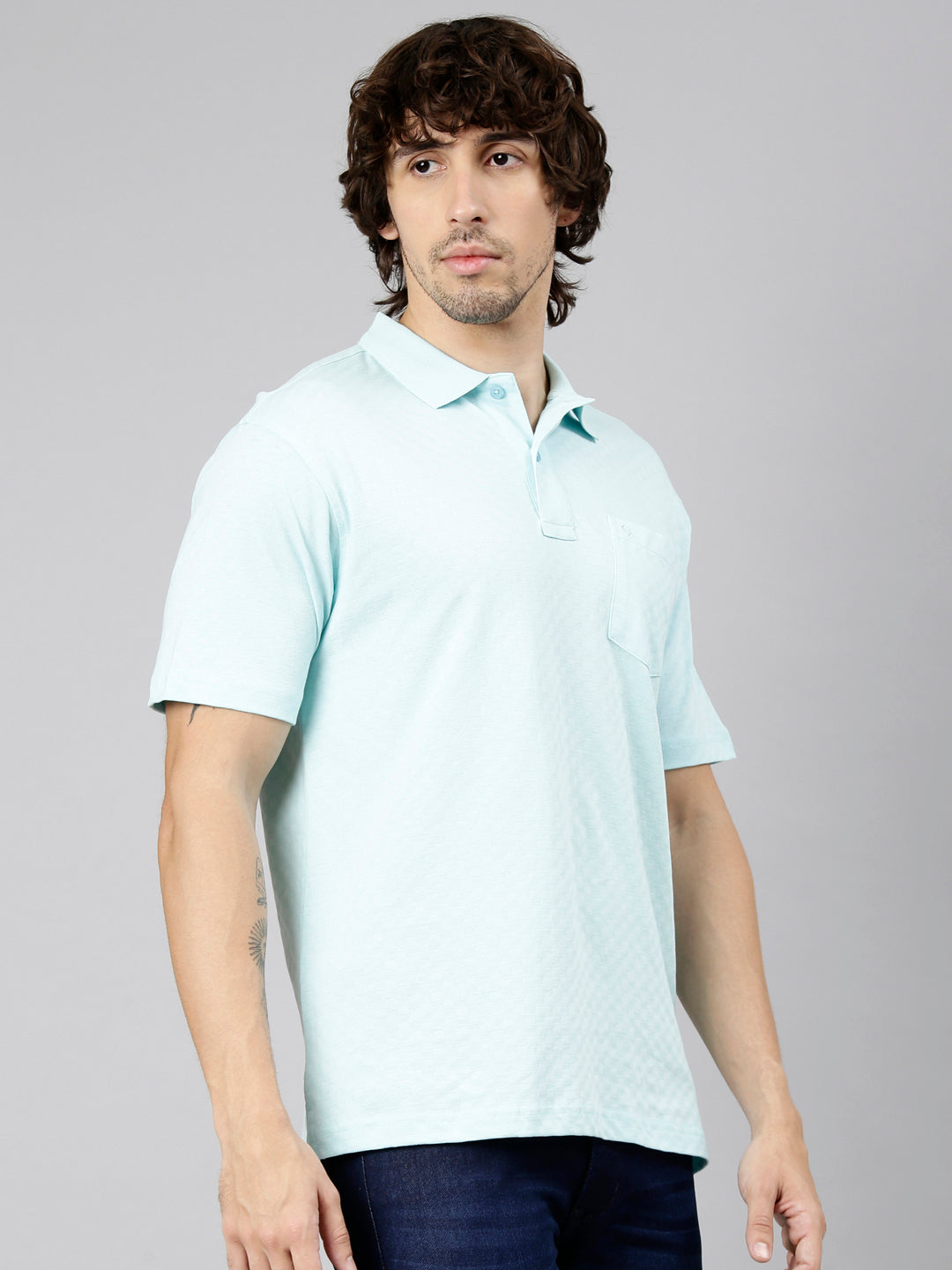 Classic Polo Men's Half Sleeve Light Blue Polo Neck Authentic Fit Textured Solid Cotton T-Shirt | REGAL - 01 A AF P