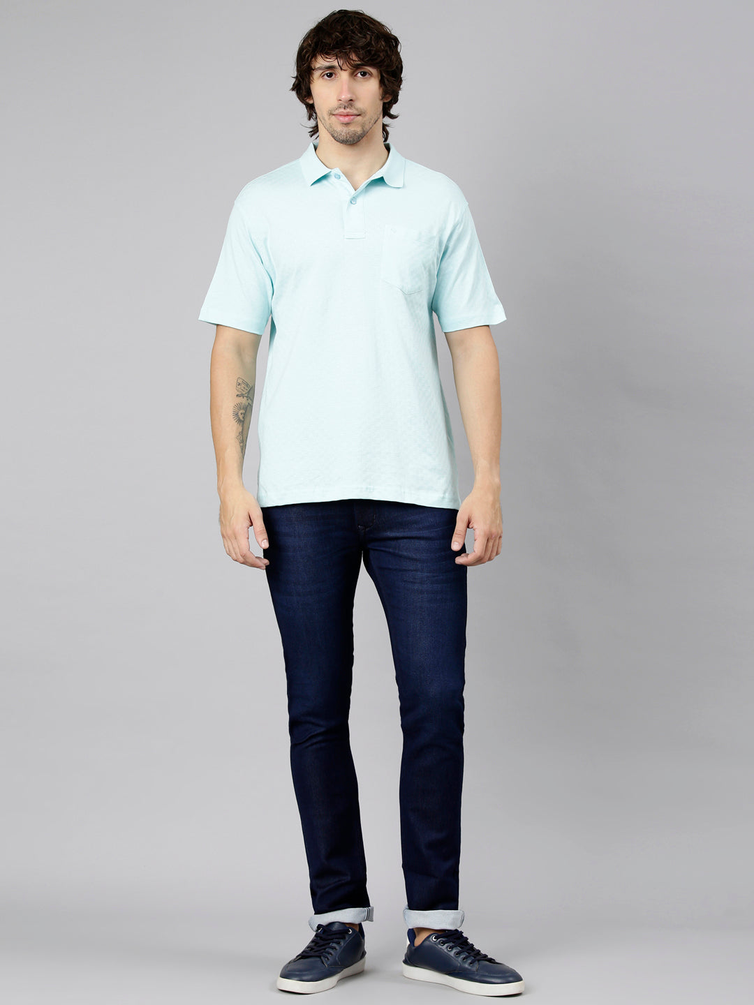 Classic Polo Men's Half Sleeve Light Blue Polo Neck Authentic Fit Textured Solid Cotton T-Shirt | REGAL - 01 A AF P