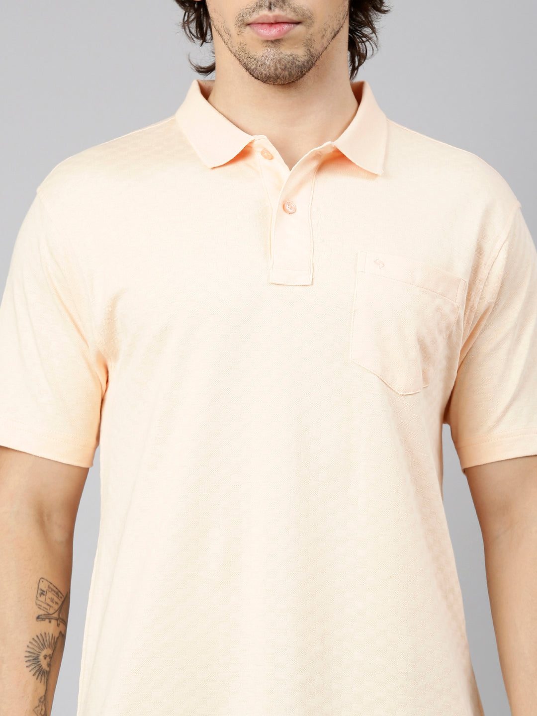 Classic Polo Men's Half Sleeve Light Orange Polo Neck Authentic Fit Textured Solid Cotton T-Shirt | REGAL - 01 B AF P