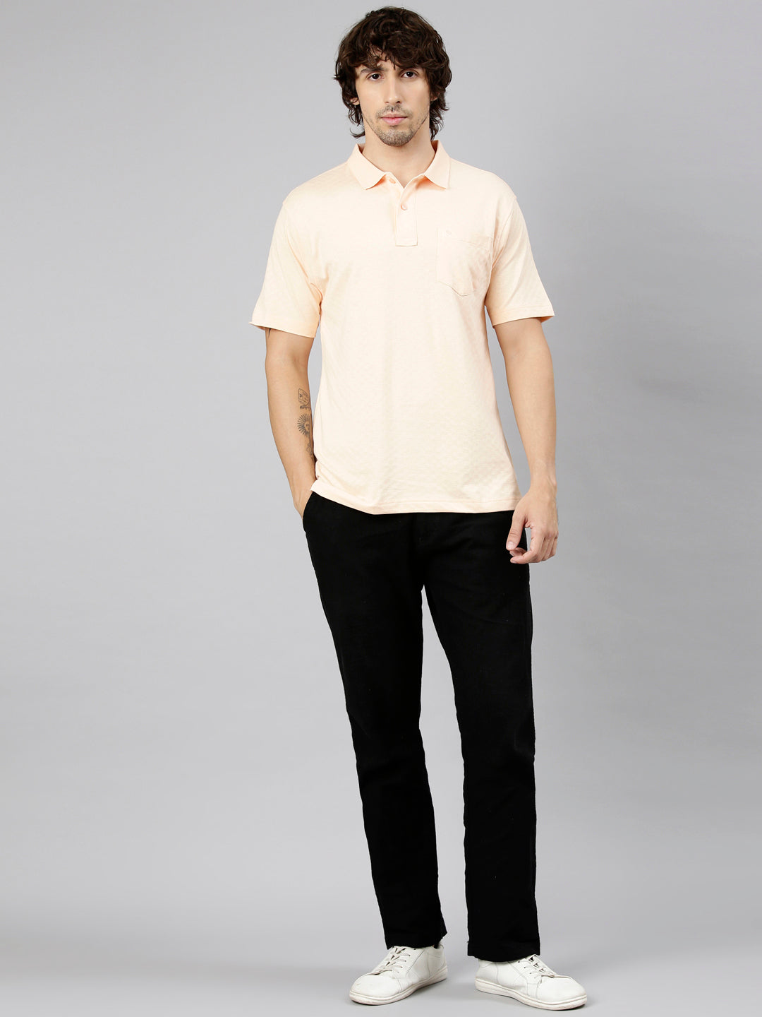 Classic Polo Men's Half Sleeve Light Orange Polo Neck Authentic Fit Textured Solid Cotton T-Shirt | REGAL - 01 B AF P