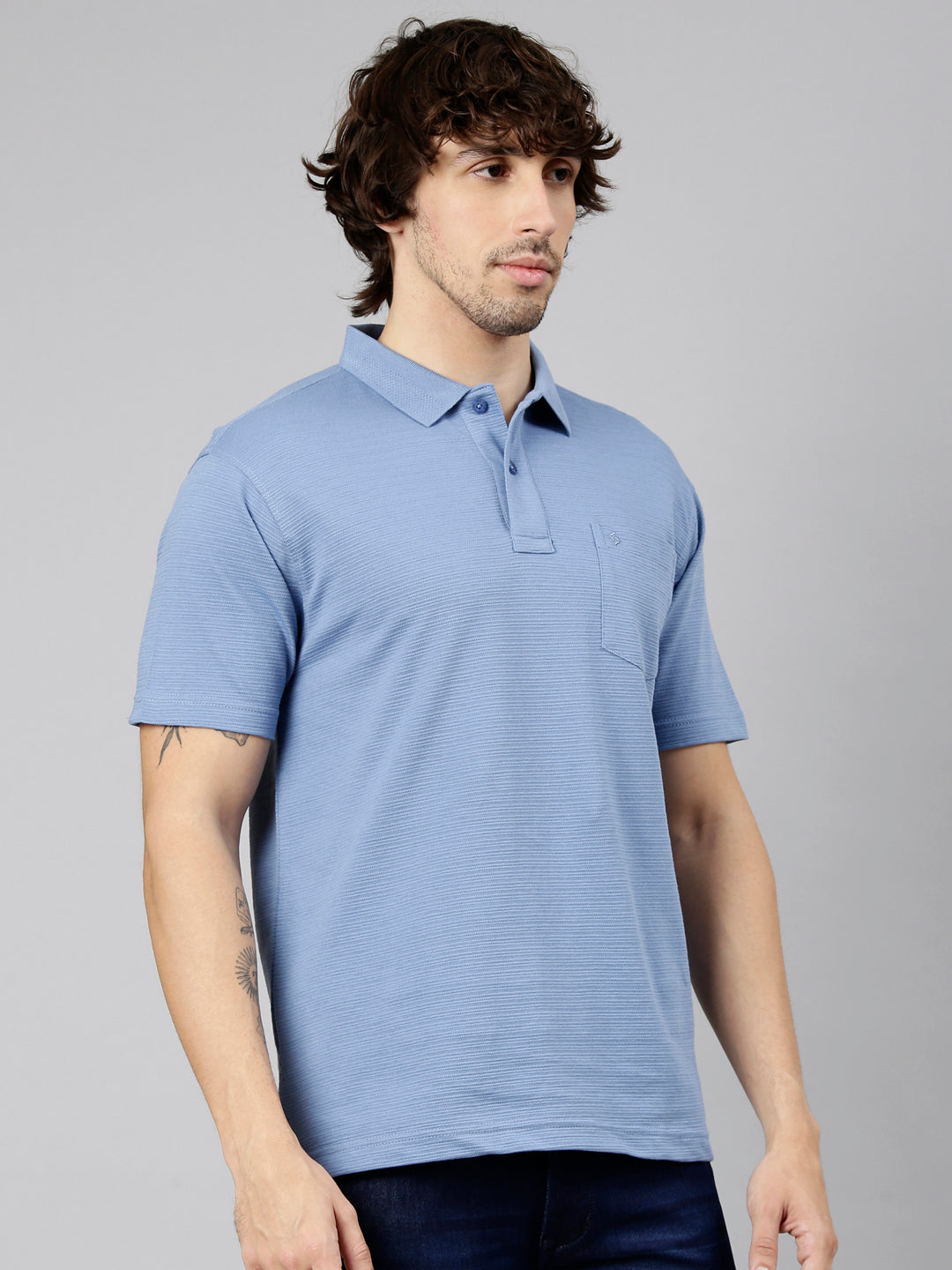Classic Polo Men's Half Sleeve Powder Blue Polo Neck Authentic Fit Textured Solid Cotton T-Shirt | REGAL - 20 A AF P