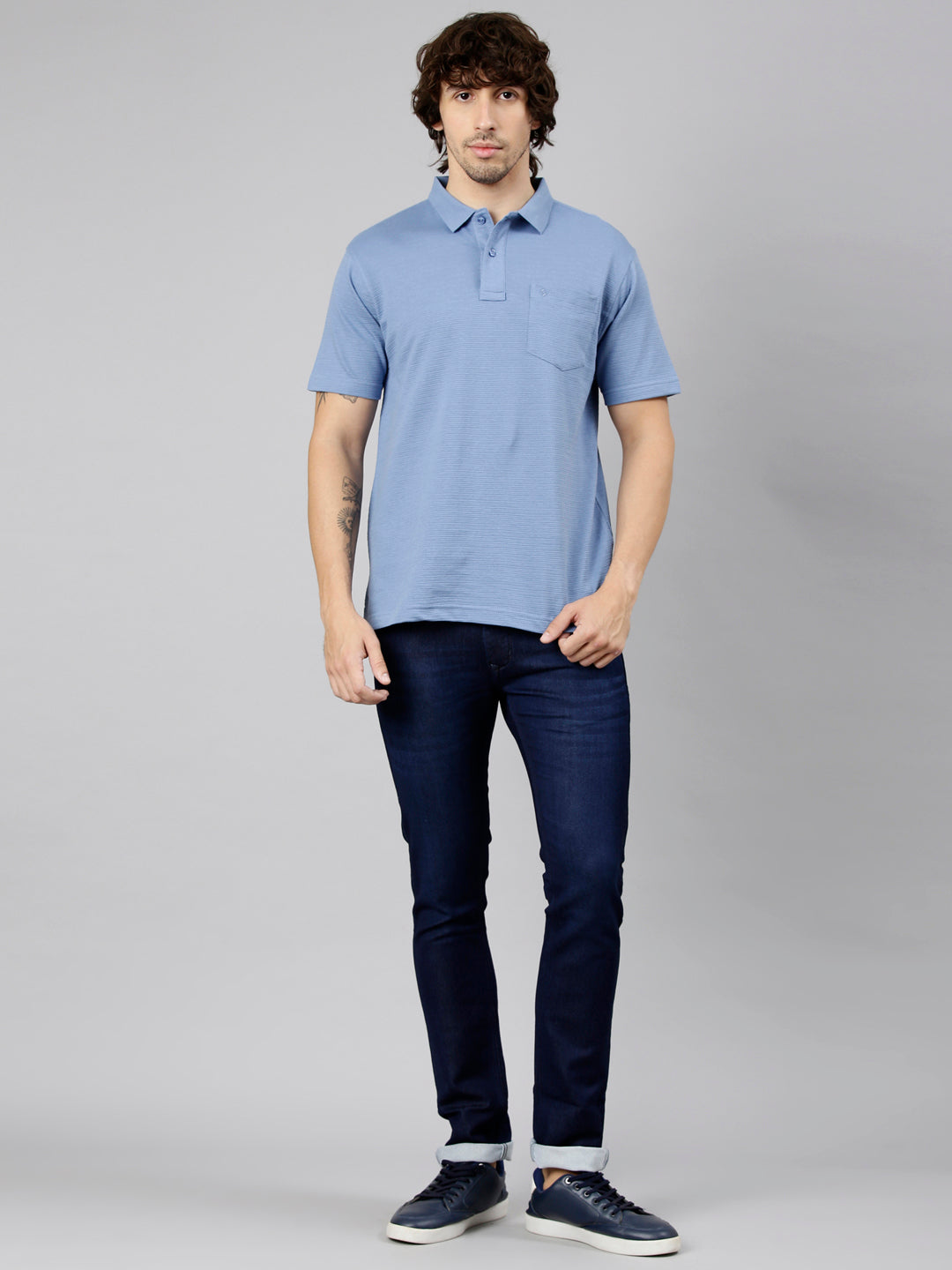 Classic Polo Men's Half Sleeve Powder Blue Polo Neck Authentic Fit Textured Solid Cotton T-Shirt | REGAL - 20 A AF P